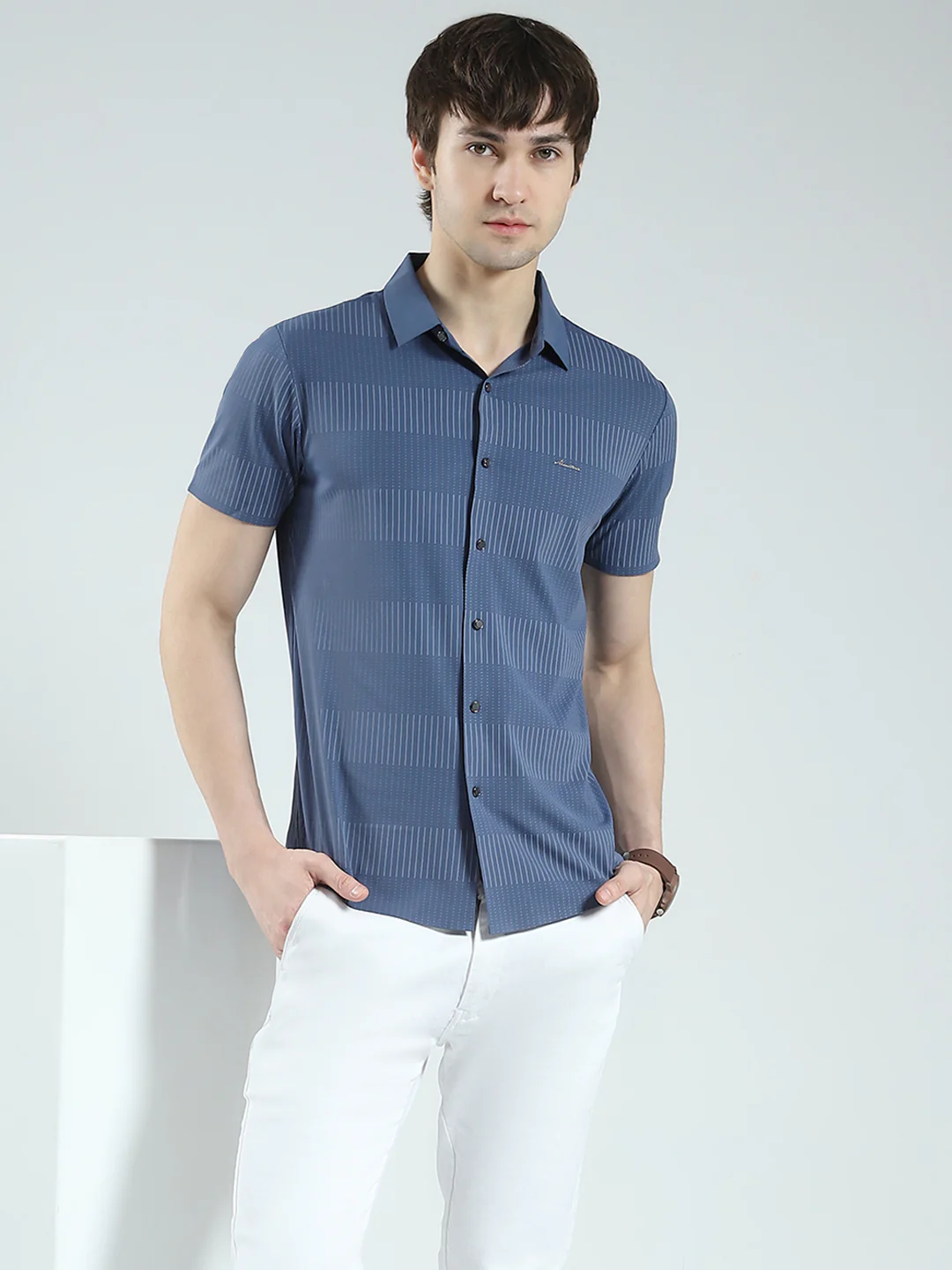 Men Blue Printed Collar Half Sleeve Shirt - Image 6