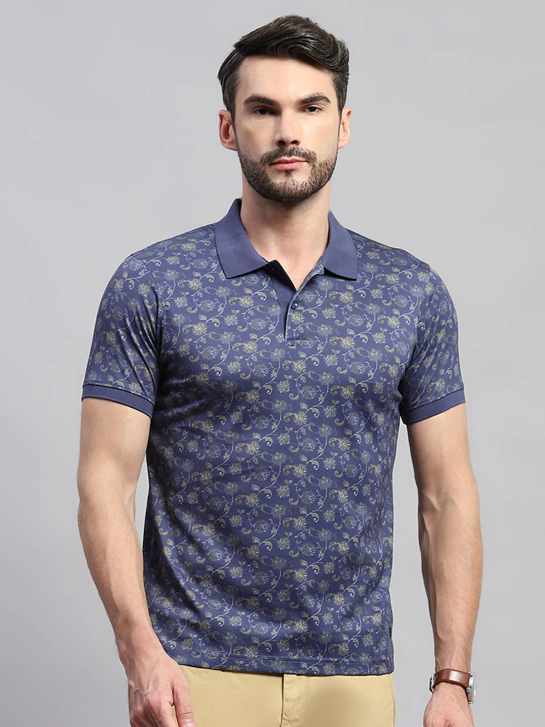 Men Blue Printed Collar Half Sleeve T-Shirt - Image 2