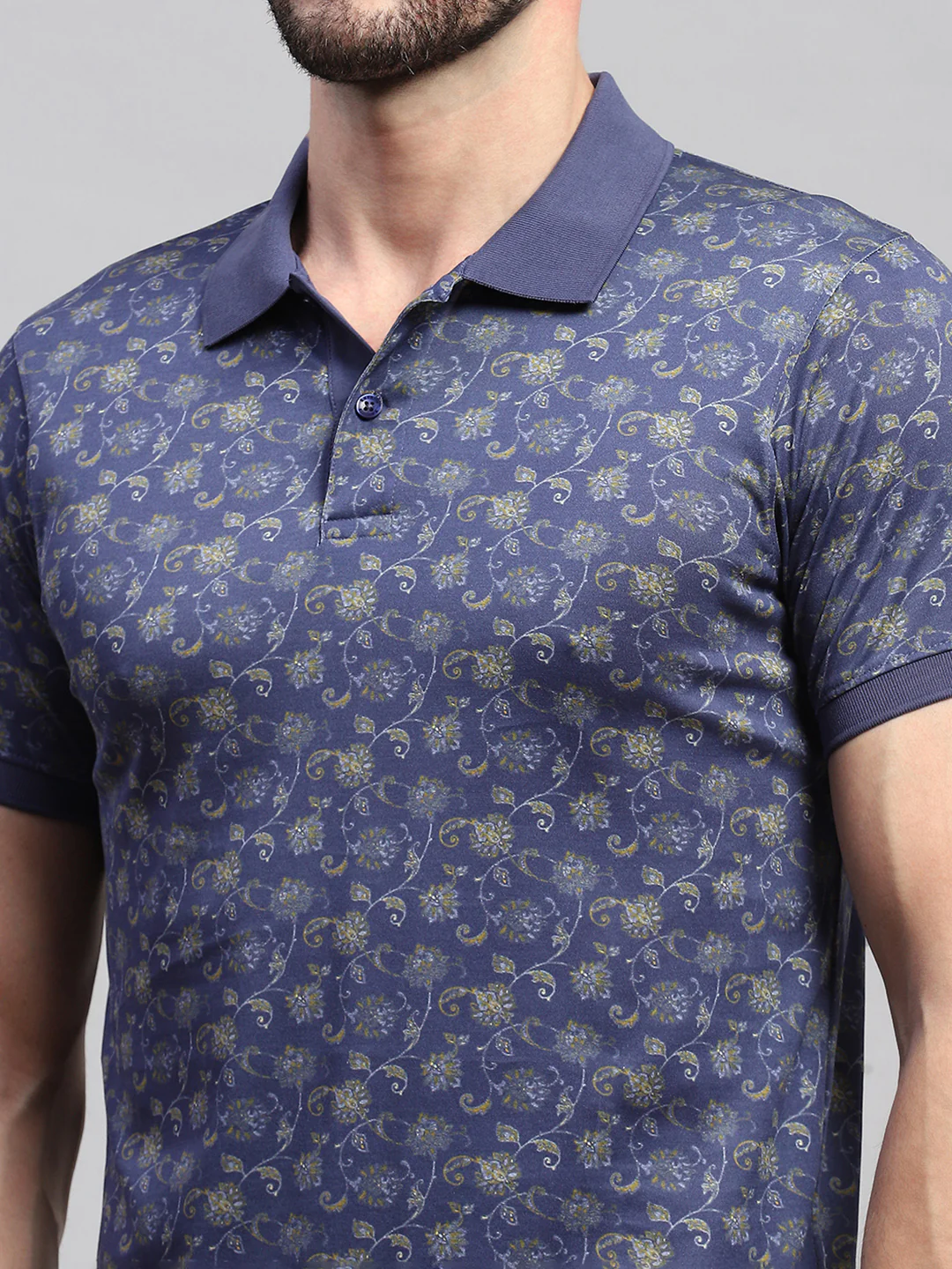 Men Blue Printed Collar Half Sleeve T-Shirt - Image 6