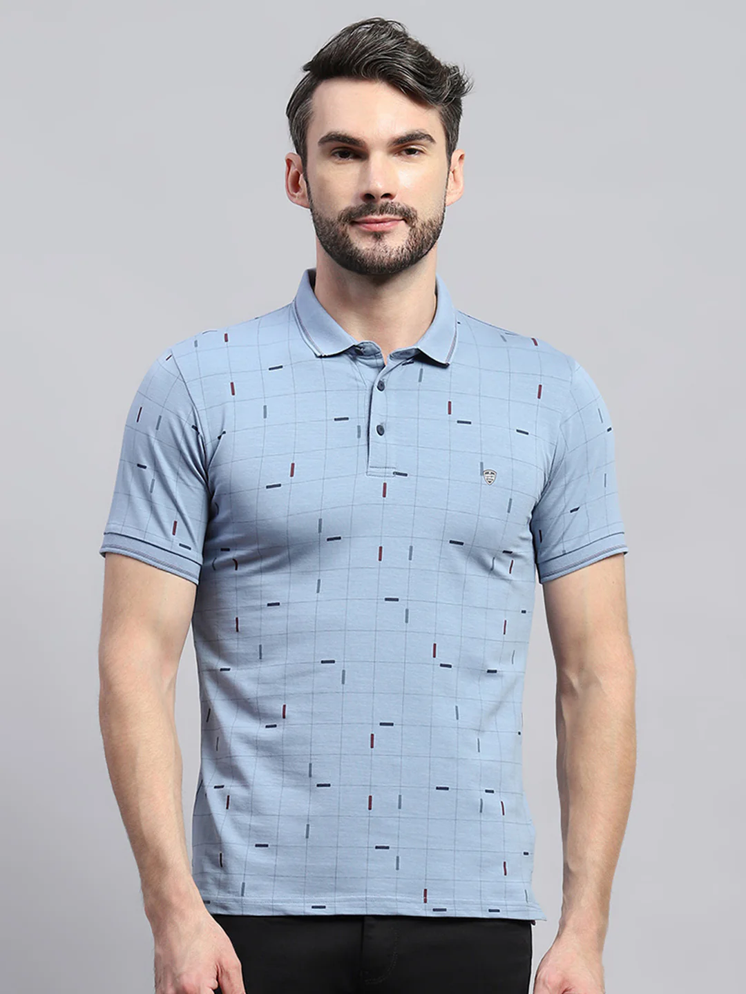 Men Blue Printed Collar Half Sleeve T-Shirt - Image 2