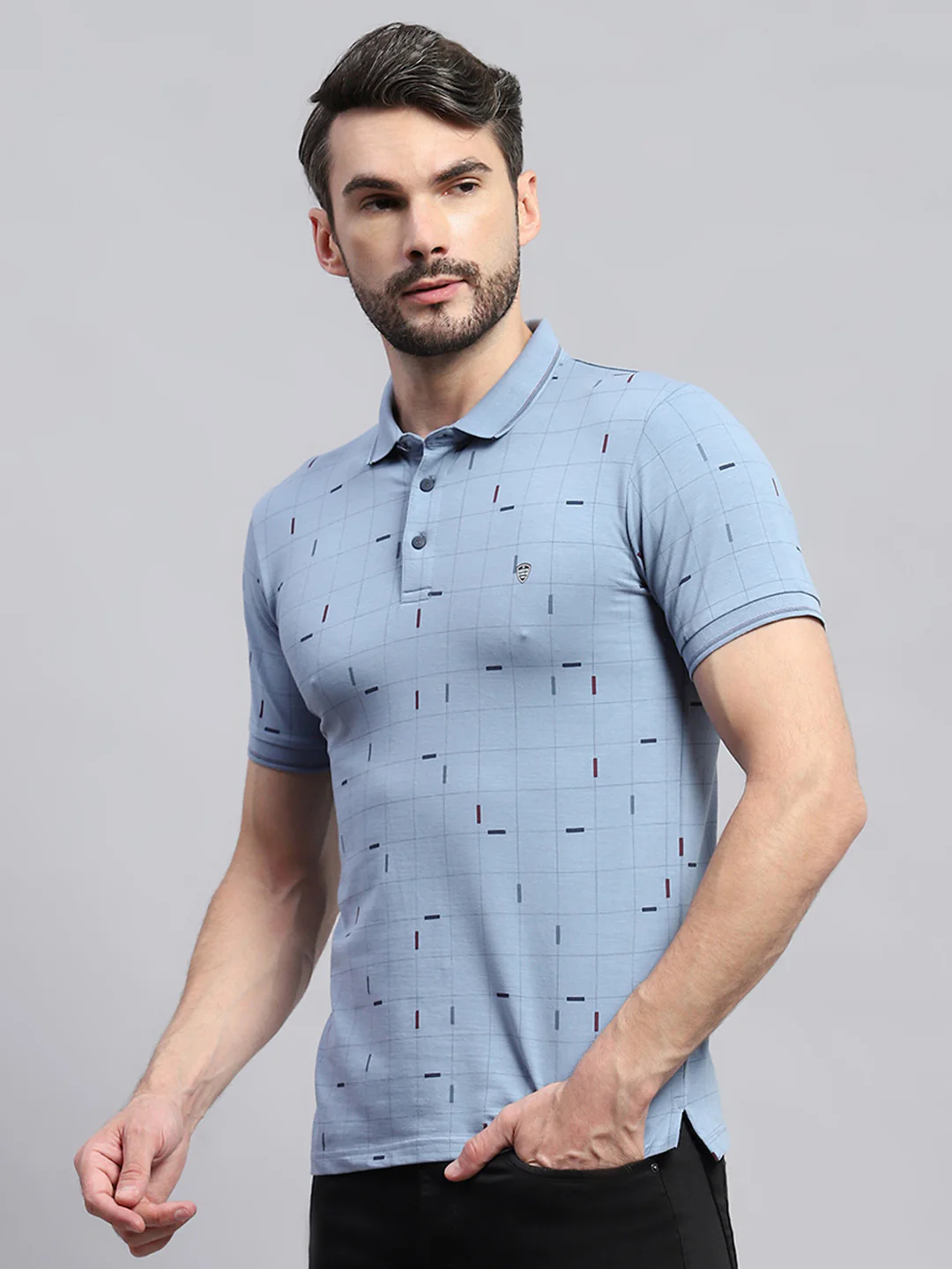 Men Blue Printed Collar Half Sleeve T-Shirt - Image 3