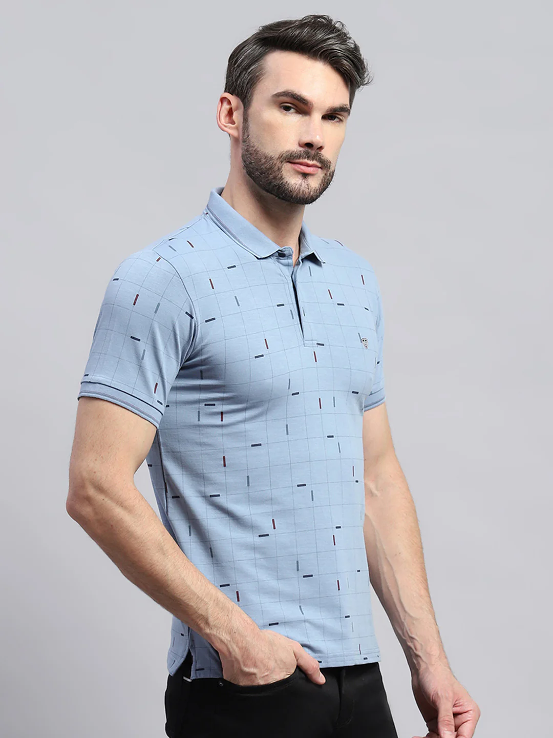 Men Blue Printed Collar Half Sleeve T-Shirt - Image 4