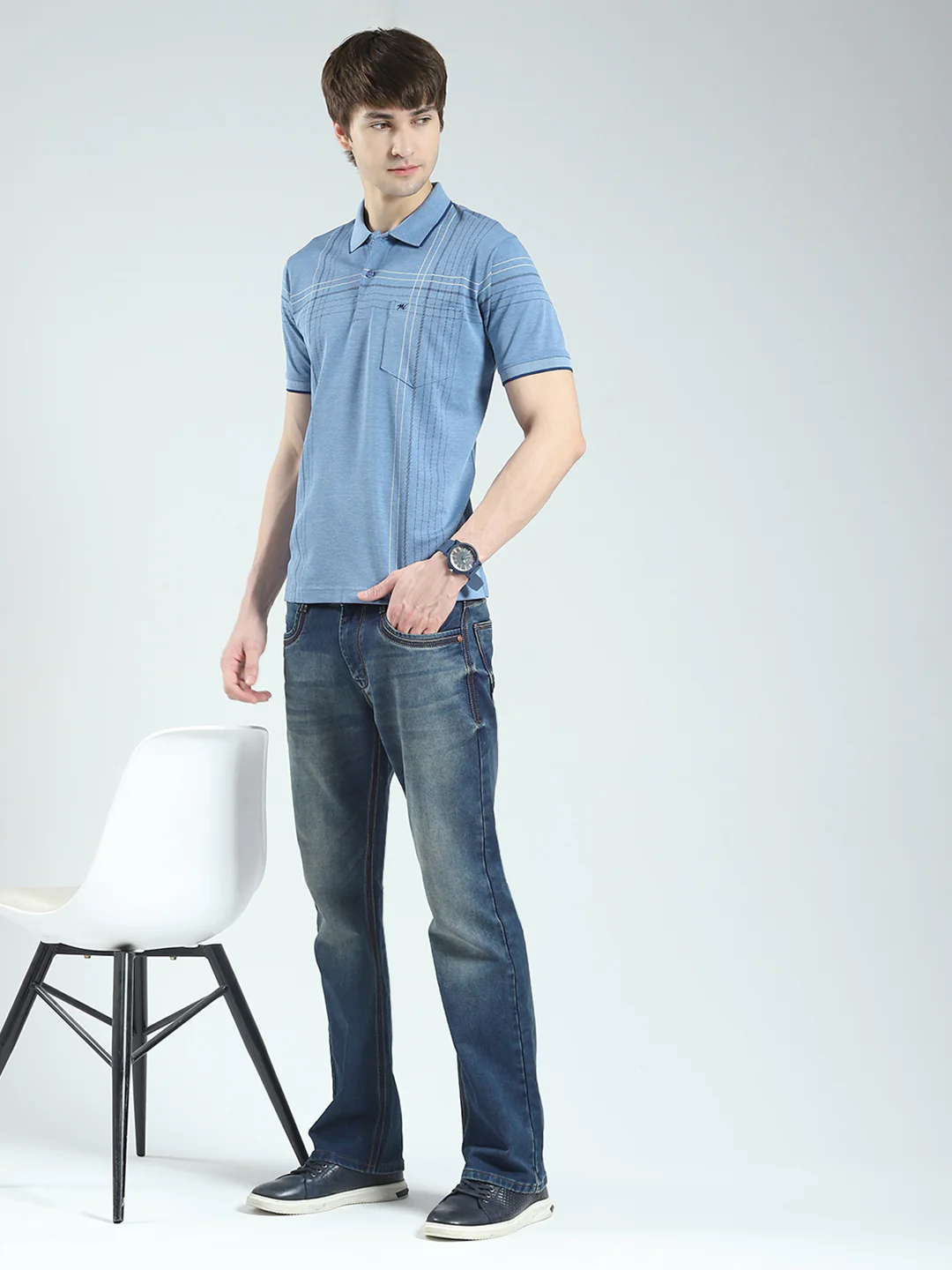 Men Blue Printed Collar Half Sleeve T-Shirt - Image 2