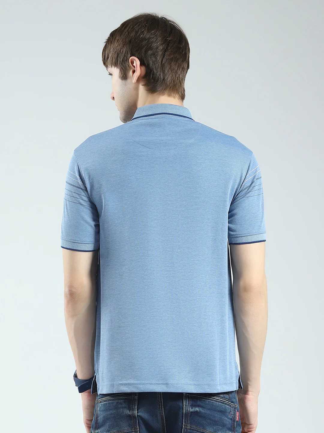 Men Blue Printed Collar Half Sleeve T-Shirt - Image 5