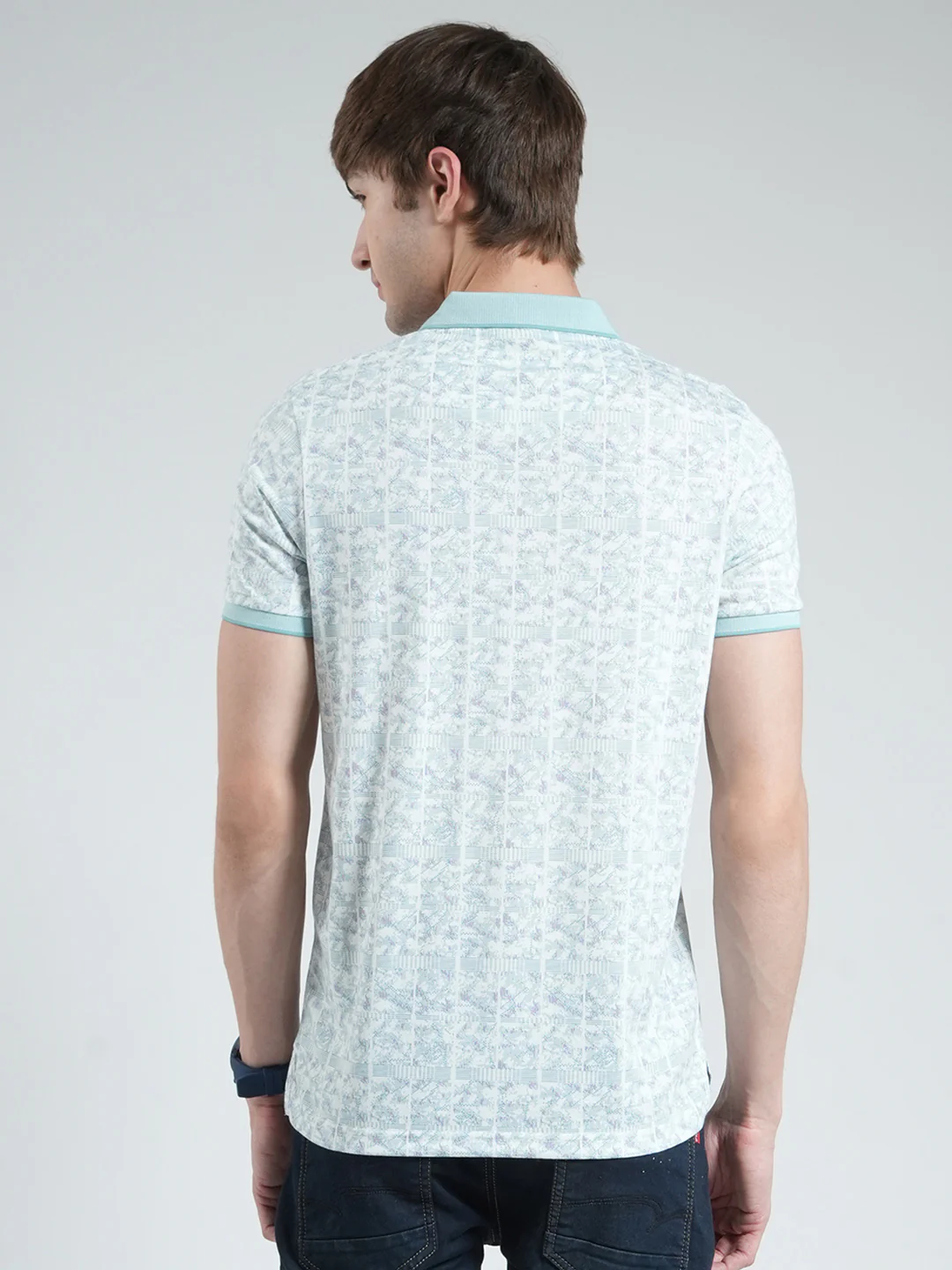 Men Blue Printed Collar Half Sleeve T-Shirt - Image 5