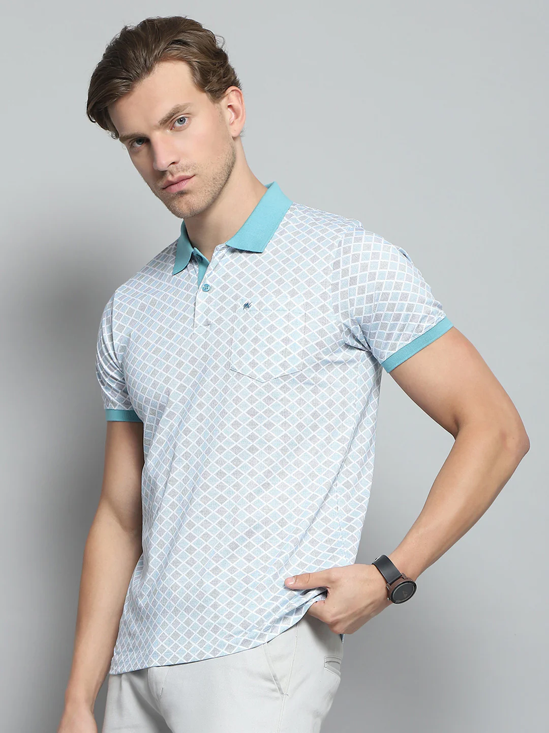 Men Blue Printed Collar Half Sleeve T-Shirt - Image 3