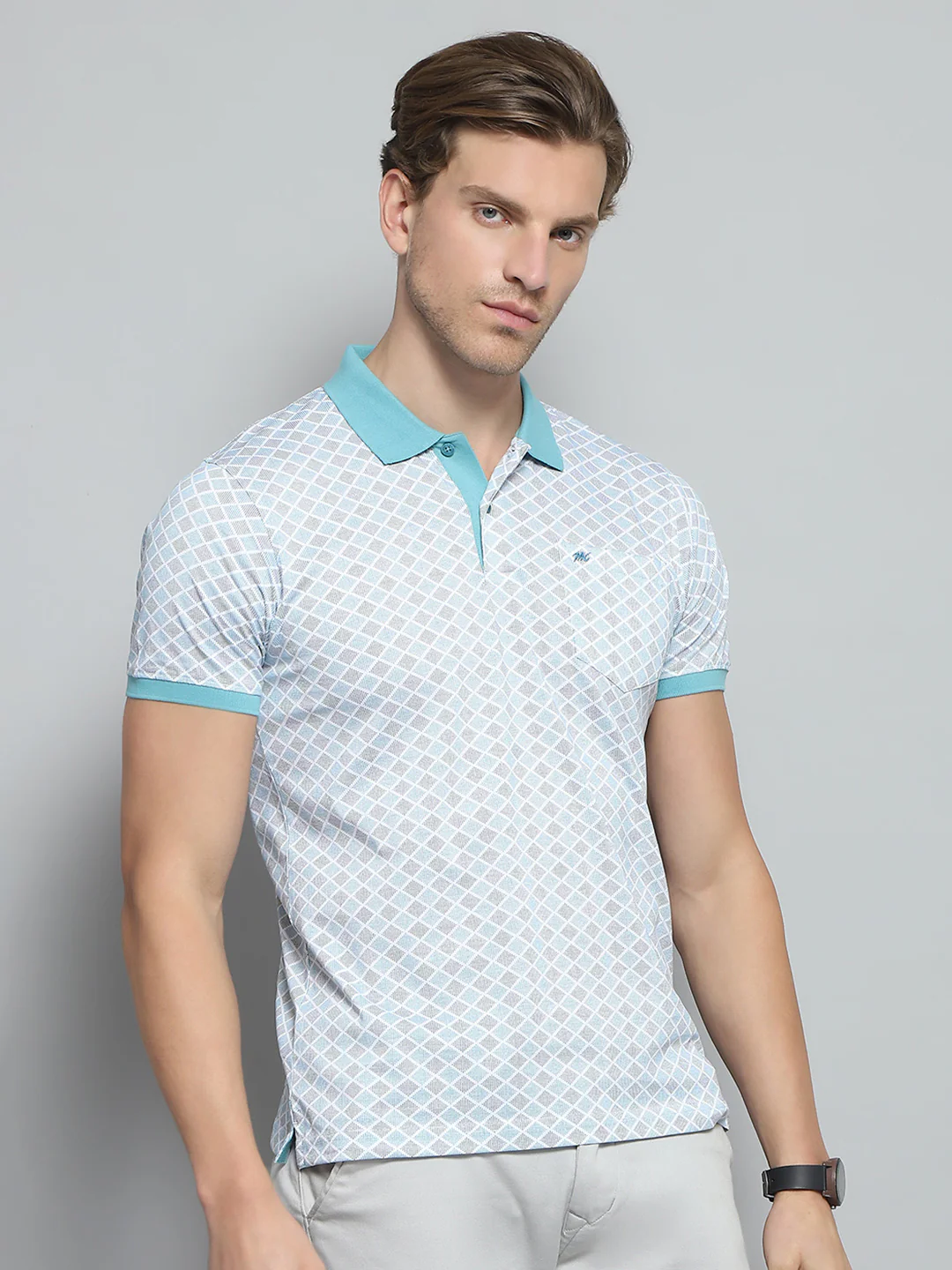 Men Blue Printed Collar Half Sleeve T-Shirt - Image 4