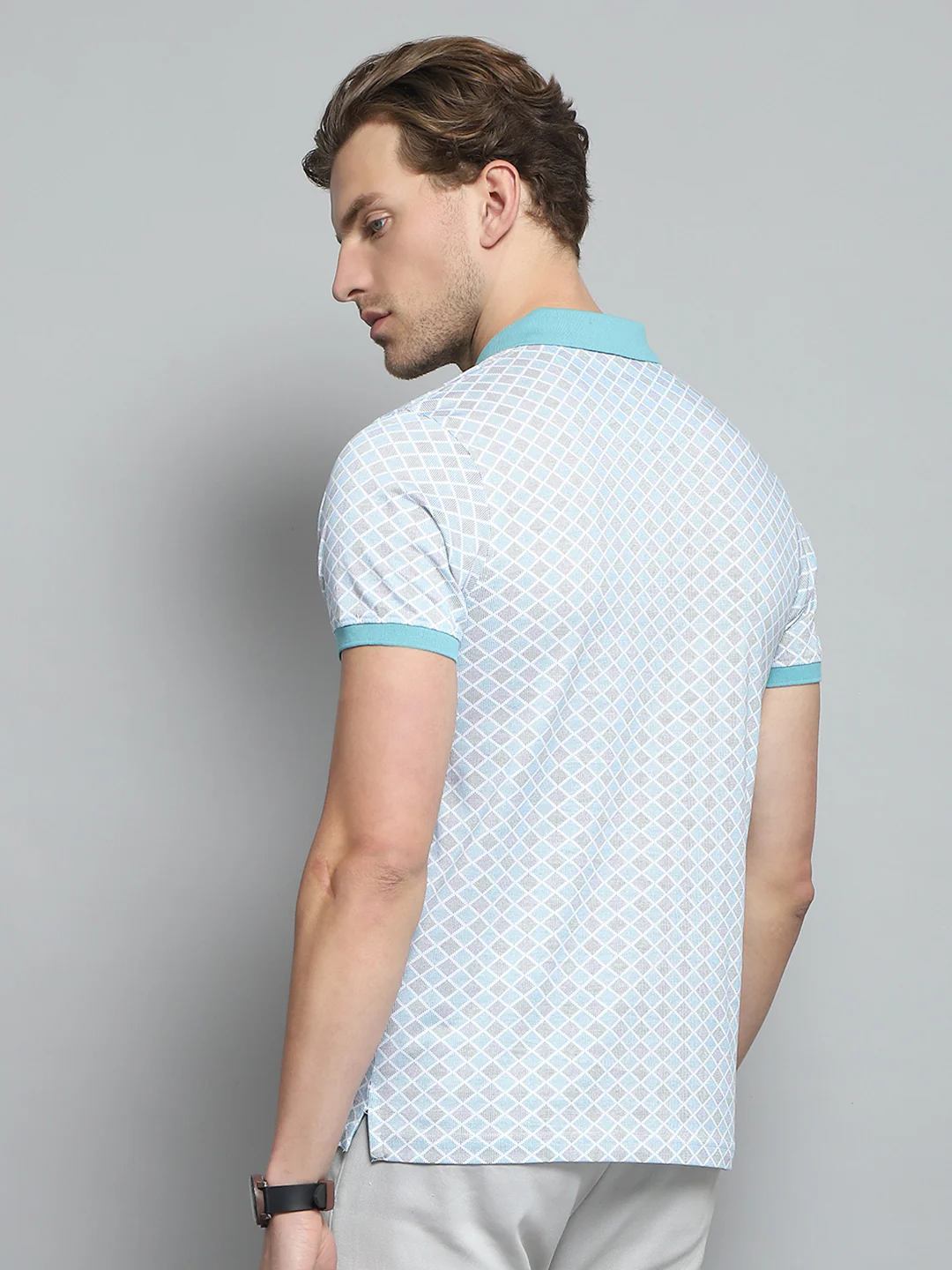 Men Blue Printed Collar Half Sleeve T-Shirt - Image 5