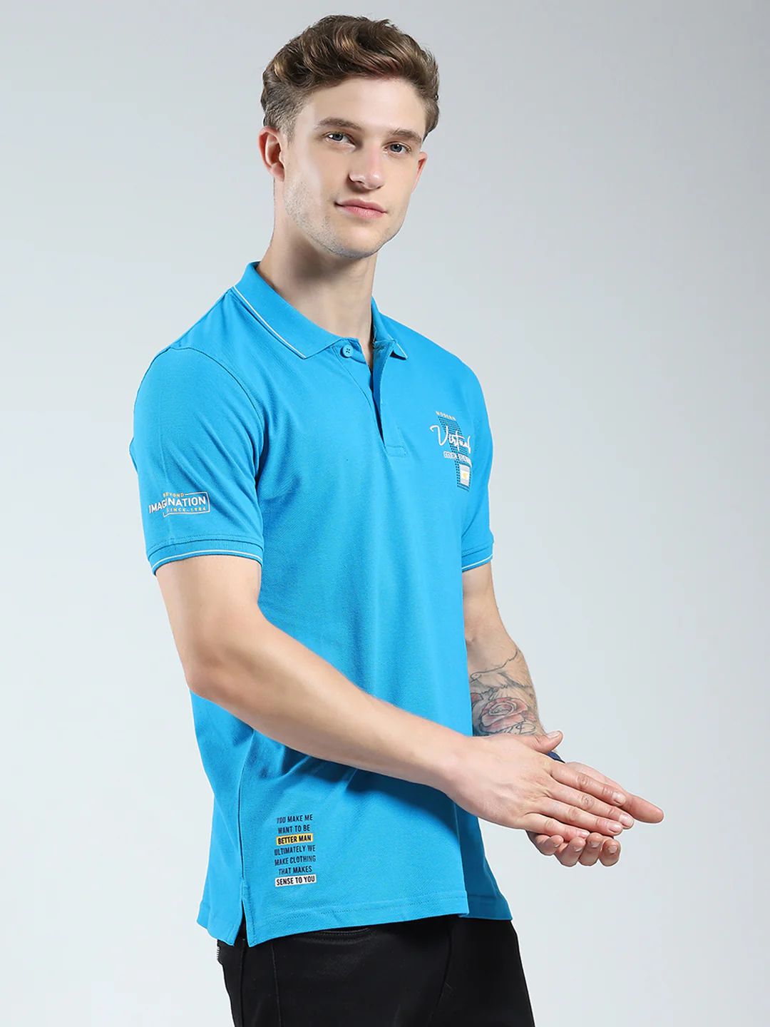 Men Blue Printed Collar Half Sleeve T-Shirt - Image 4