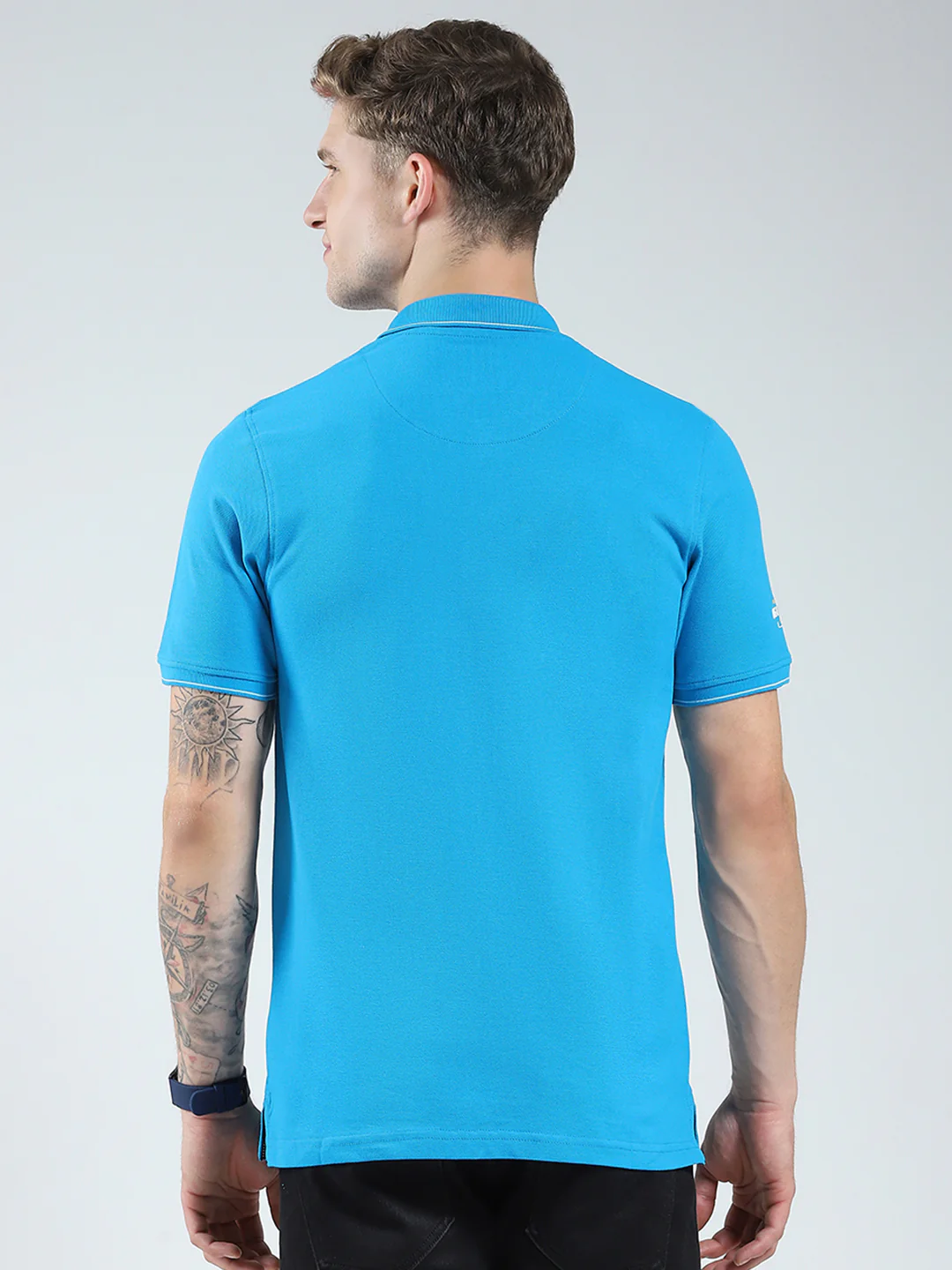 Men Blue Printed Collar Half Sleeve T-Shirt - Image 5