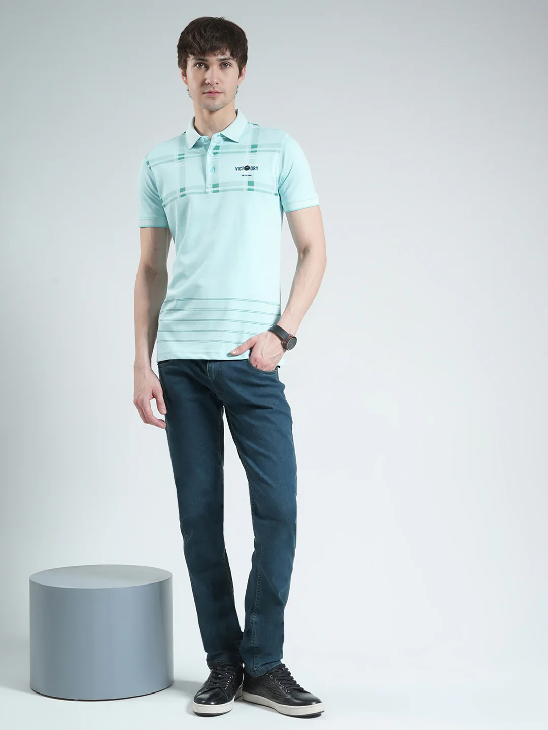 Men Blue Printed Collar Half Sleeve T-Shirt - Image 2