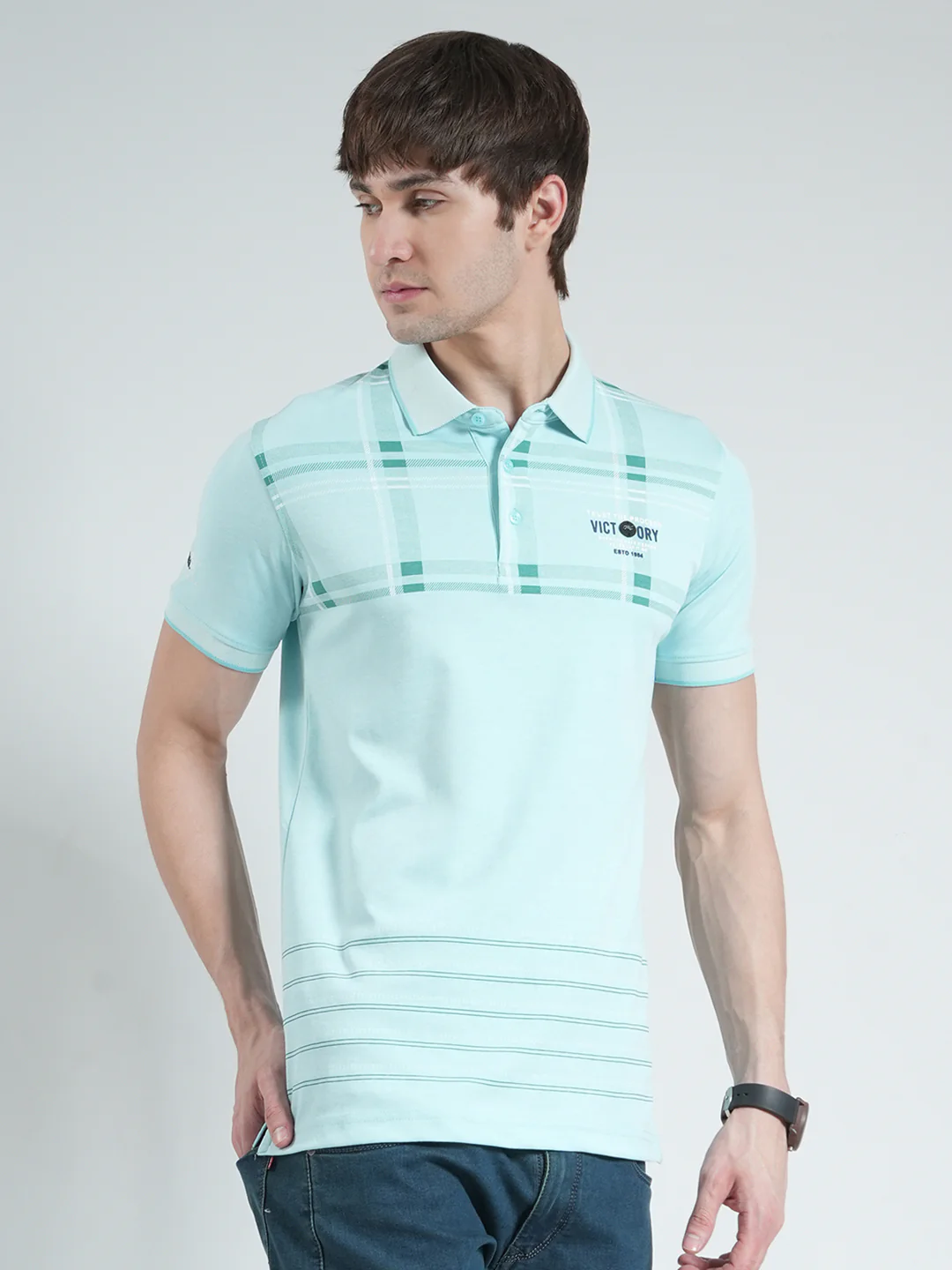 Men Blue Printed Collar Half Sleeve T-Shirt - Image 4