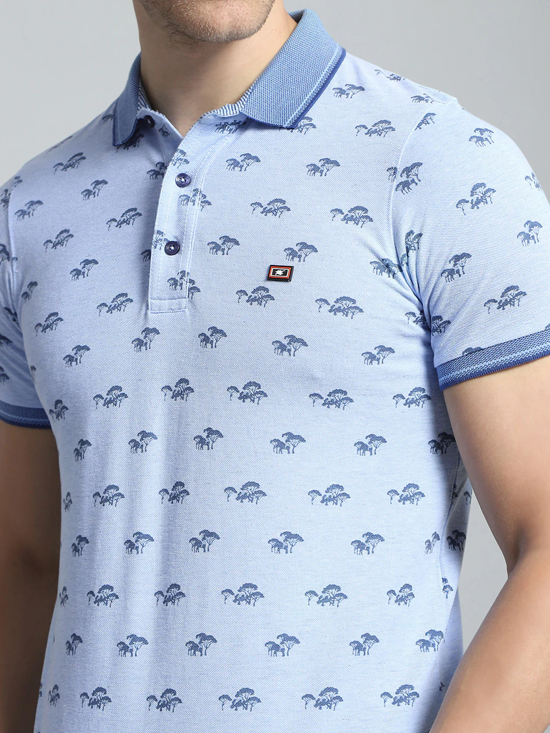 Men Blue Printed Collar Half Sleeve T-Shirt - Image 6
