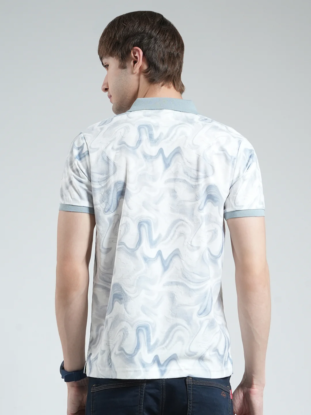 Men Blue Printed Collar Half Sleeve T-Shirt - Image 5