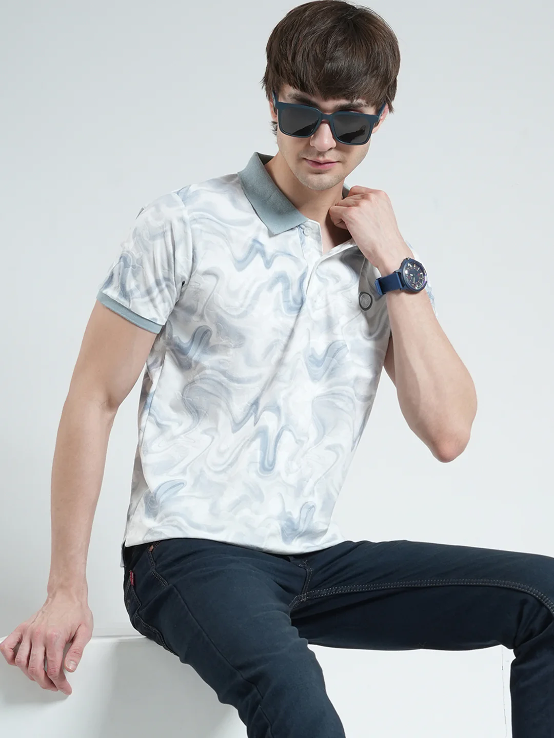Men Blue Printed Collar Half Sleeve T-Shirt - Image 6