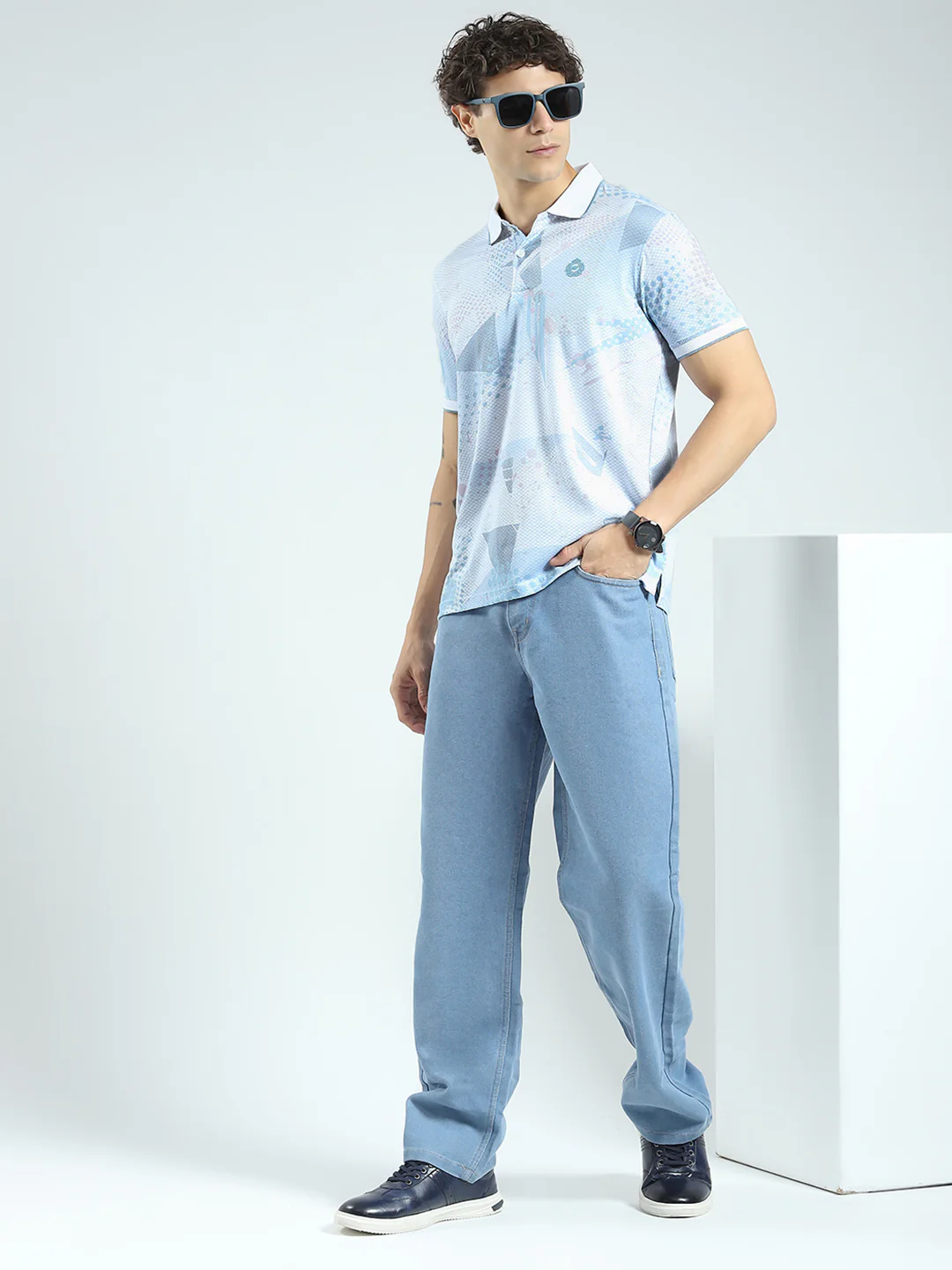 Men Blue Printed Collar Half Sleeve T-Shirt - Image 2