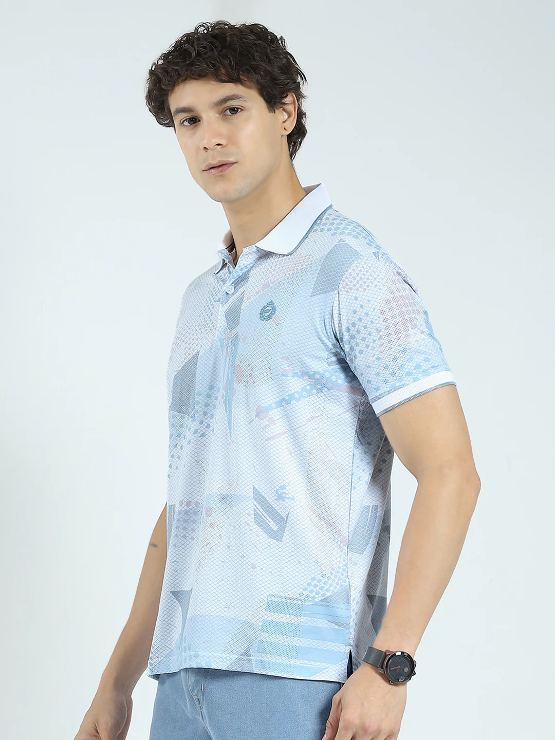 Men Blue Printed Collar Half Sleeve T-Shirt - Image 3