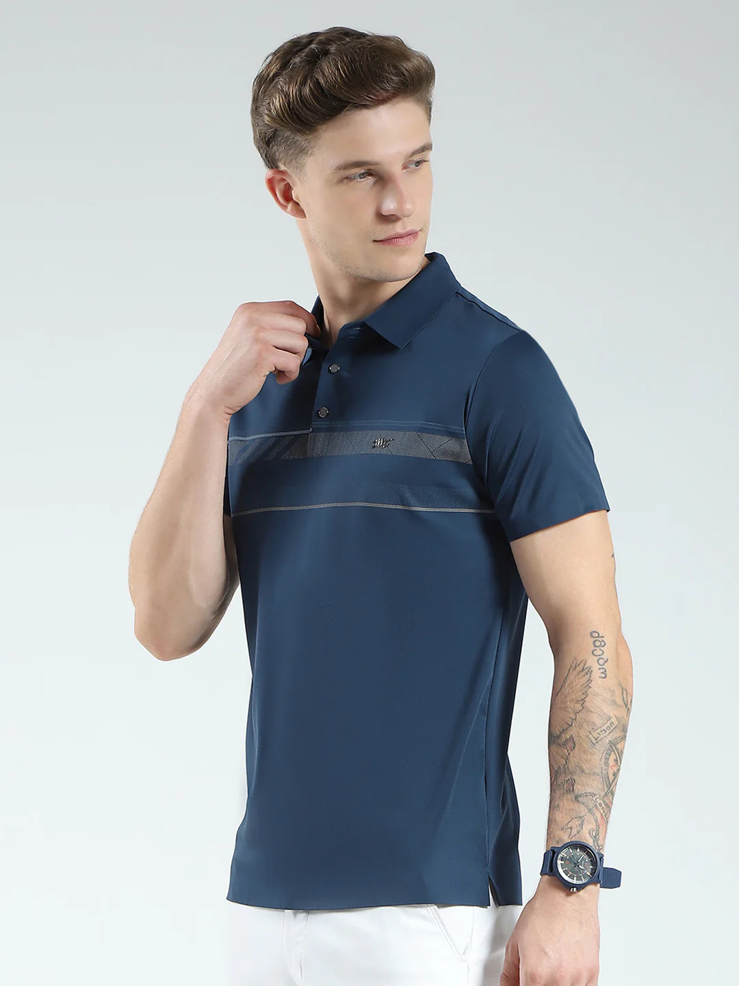 Men Blue Printed Collar Half Sleeve T-Shirt - Image 3