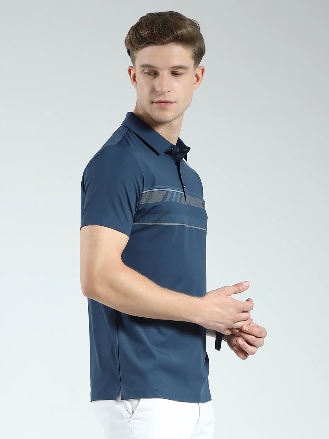 Men Blue Printed Collar Half Sleeve T-Shirt - Image 4