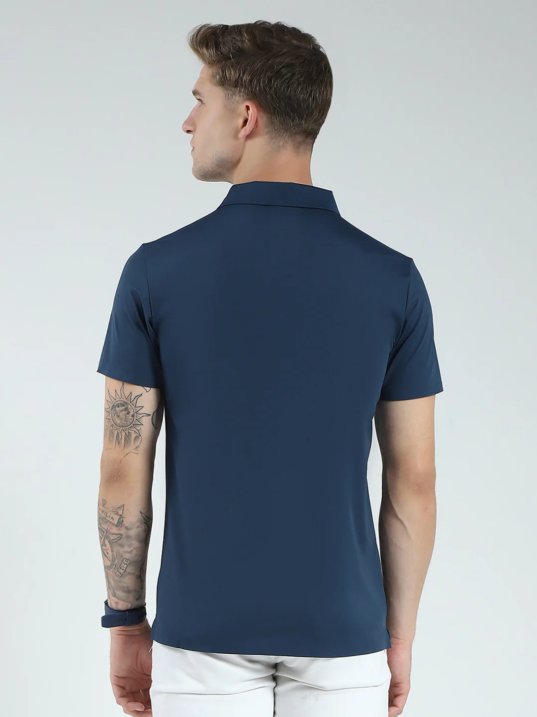 Men Blue Printed Collar Half Sleeve T-Shirt - Image 5