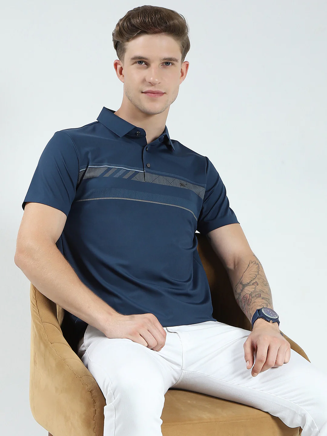Men Blue Printed Collar Half Sleeve T-Shirt - Image 6