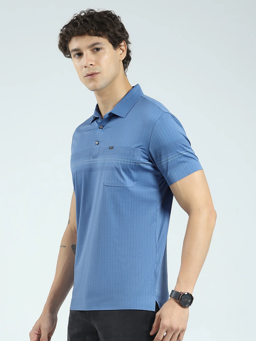 Men Blue Printed Collar Half Sleeve T-Shirt - Image 3