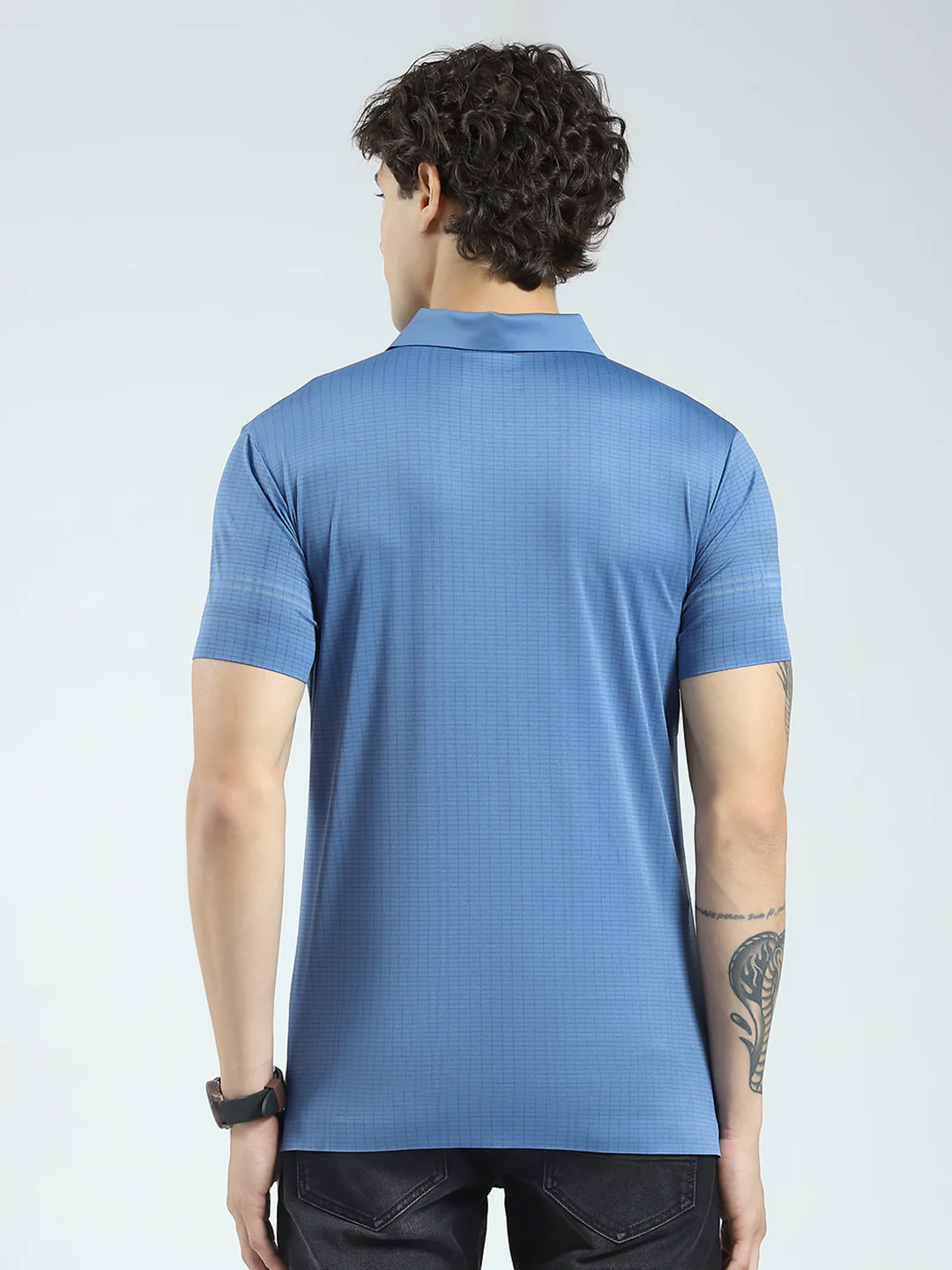 Men Blue Printed Collar Half Sleeve T-Shirt - Image 5
