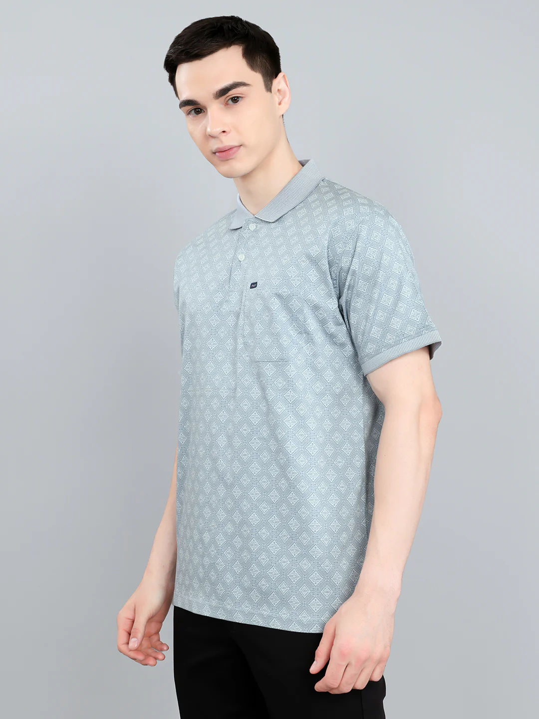 Men Blue Printed Collar Half Sleeve T-Shirt - Image 2