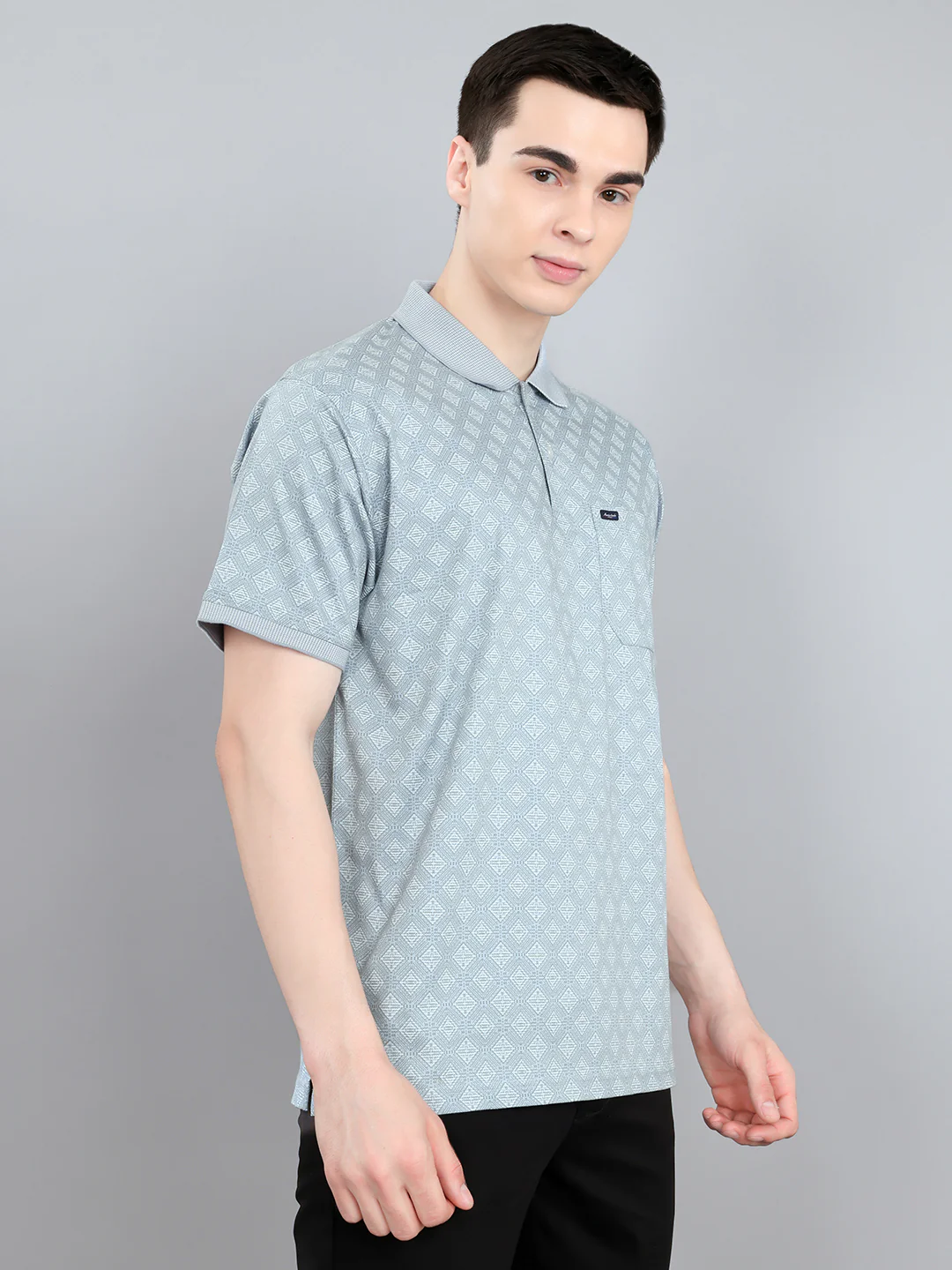 Men Blue Printed Collar Half Sleeve T-Shirt - Image 3