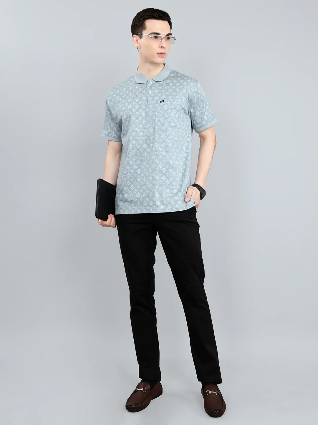 Men Blue Printed Collar Half Sleeve T-Shirt - Image 6