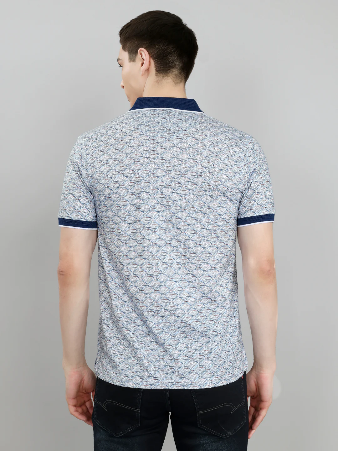 Men Blue Printed Collar Half Sleeve T-Shirt - Image 4