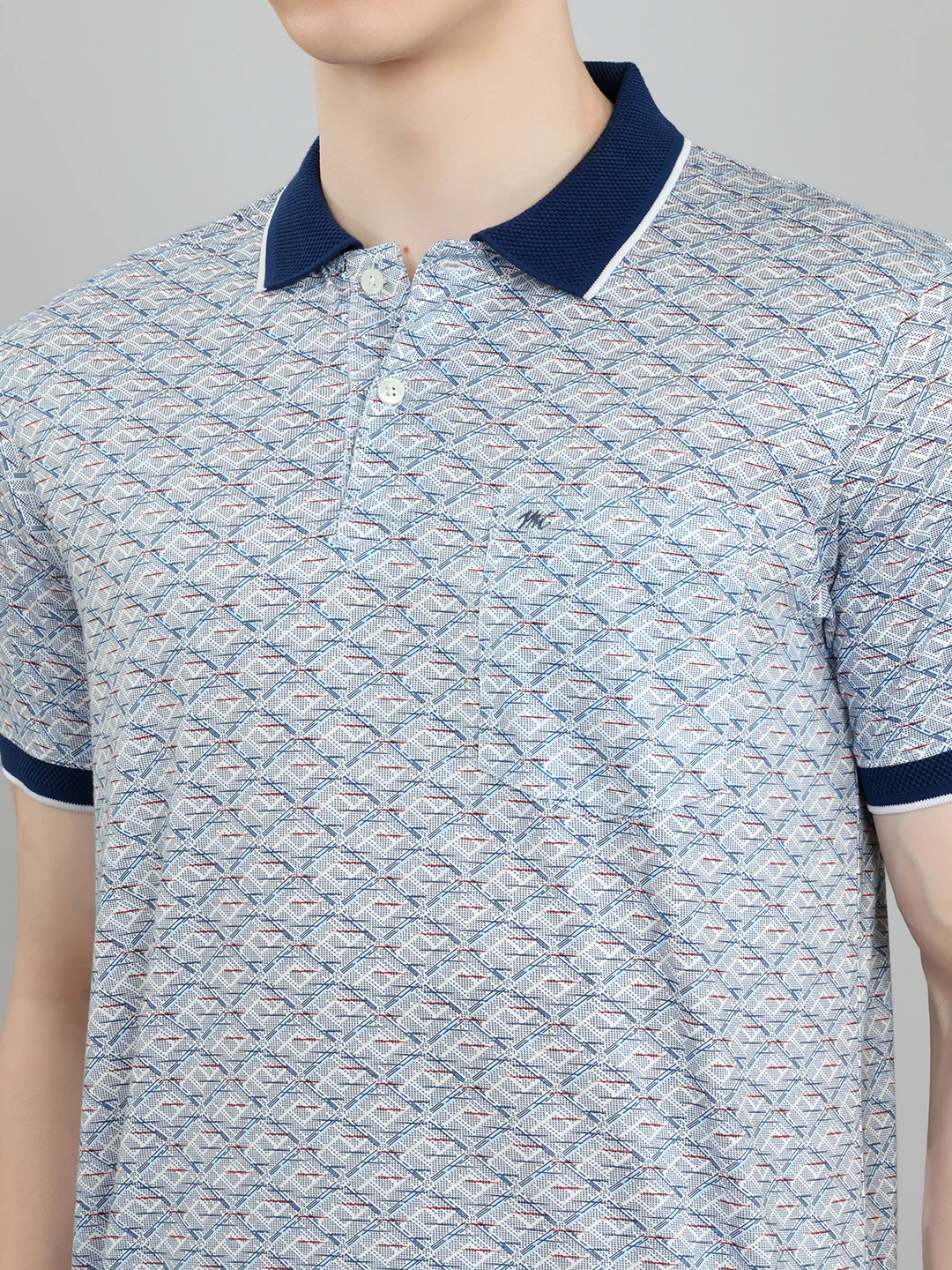Men Blue Printed Collar Half Sleeve T-Shirt - Image 5