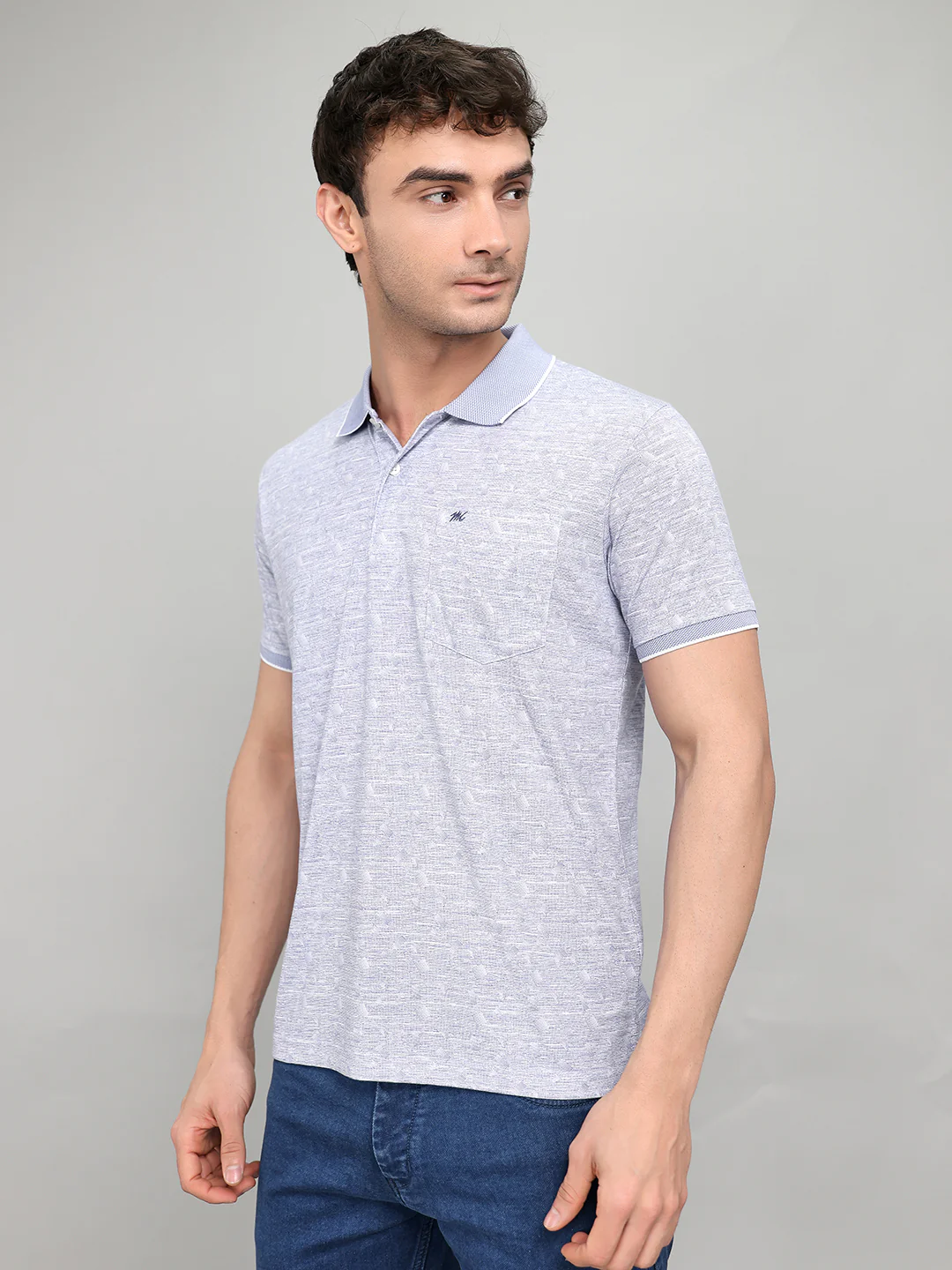 Men Blue Printed Collar Half Sleeve T-Shirt - Image 3