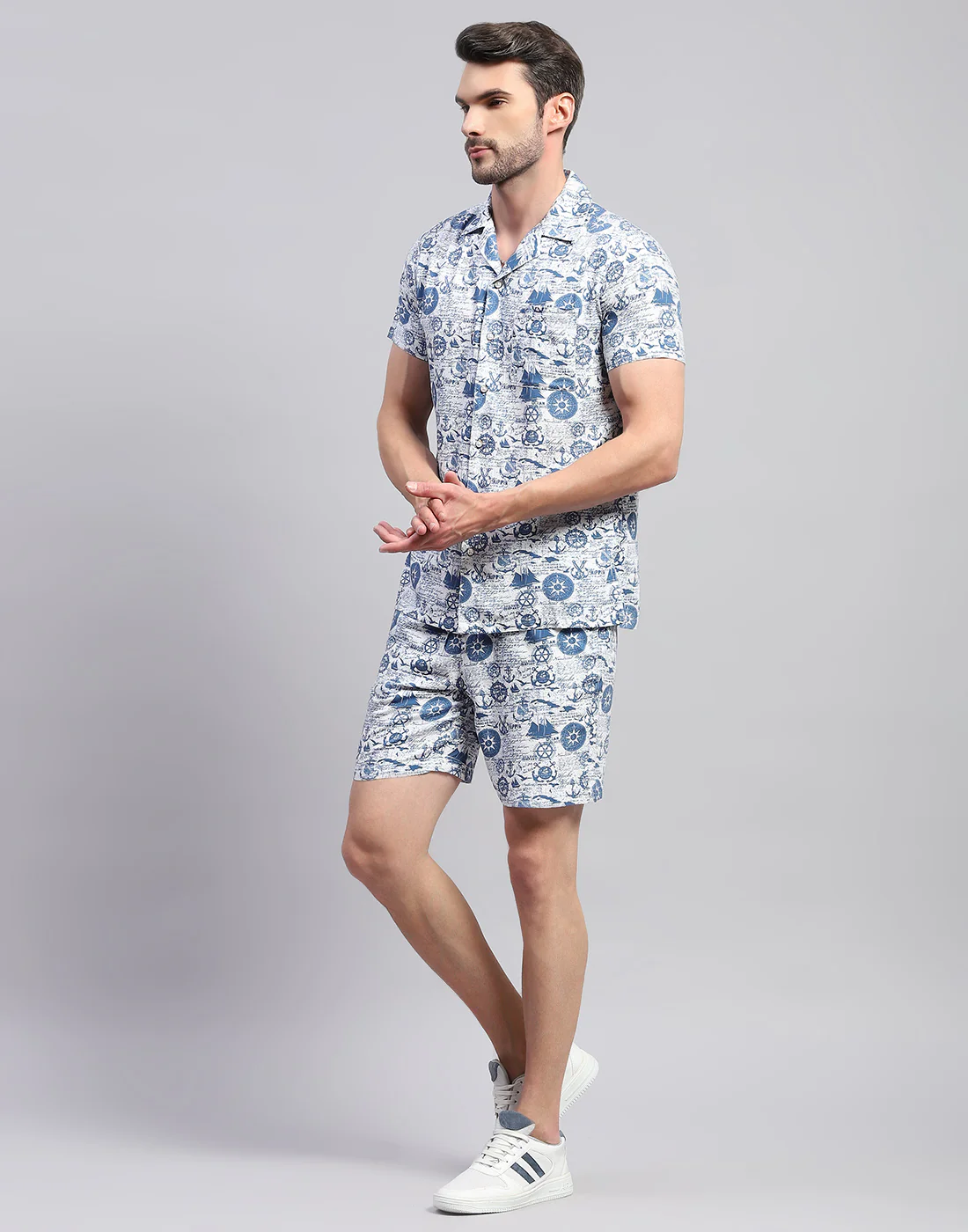 Men Blue Printed Collar Neck Half Sleeve Cords Set - Image 3