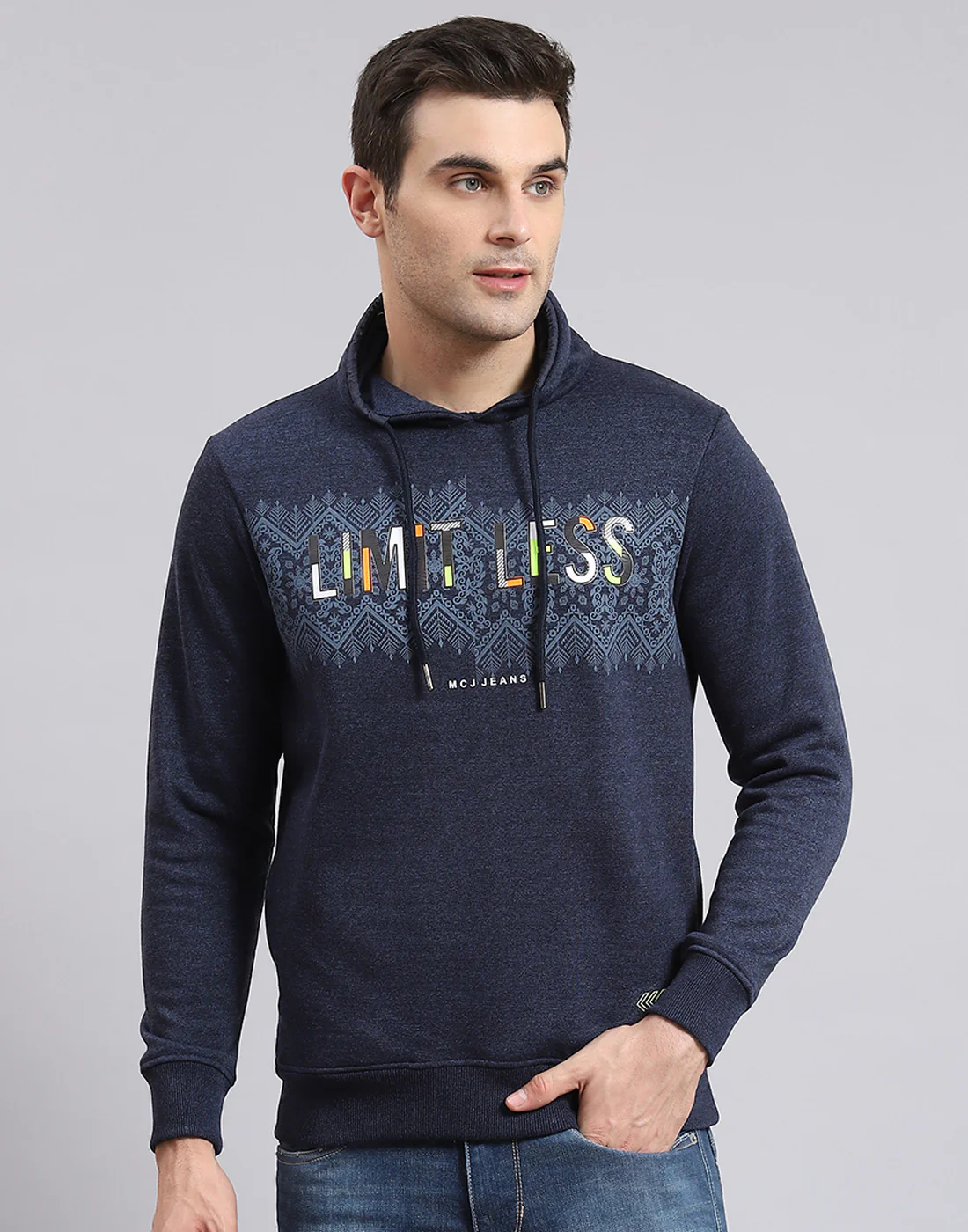 Men Blue Printed F Neck Full Sleeve Sweatshirt - Image 2