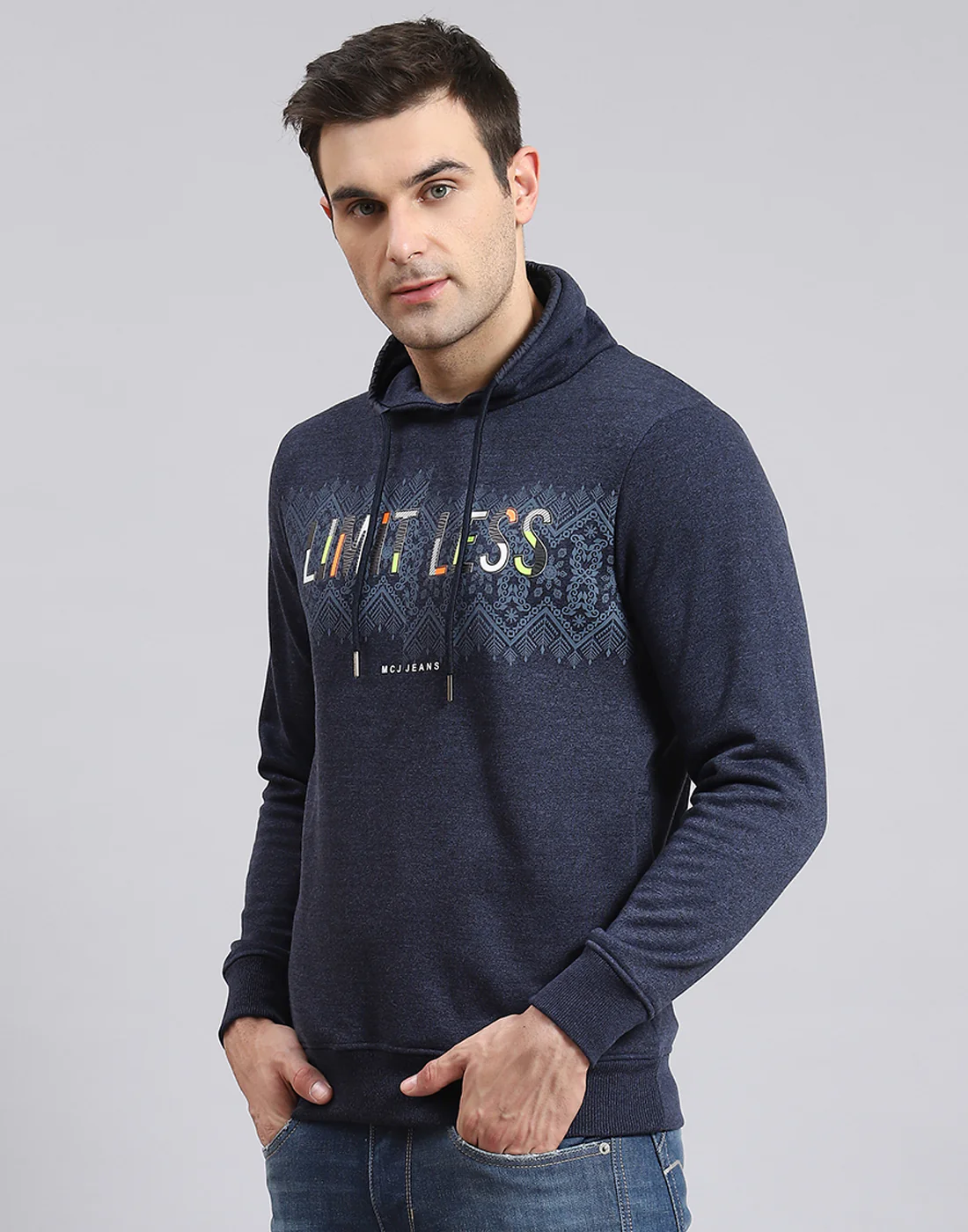 Men Blue Printed F Neck Full Sleeve Sweatshirt - Image 3