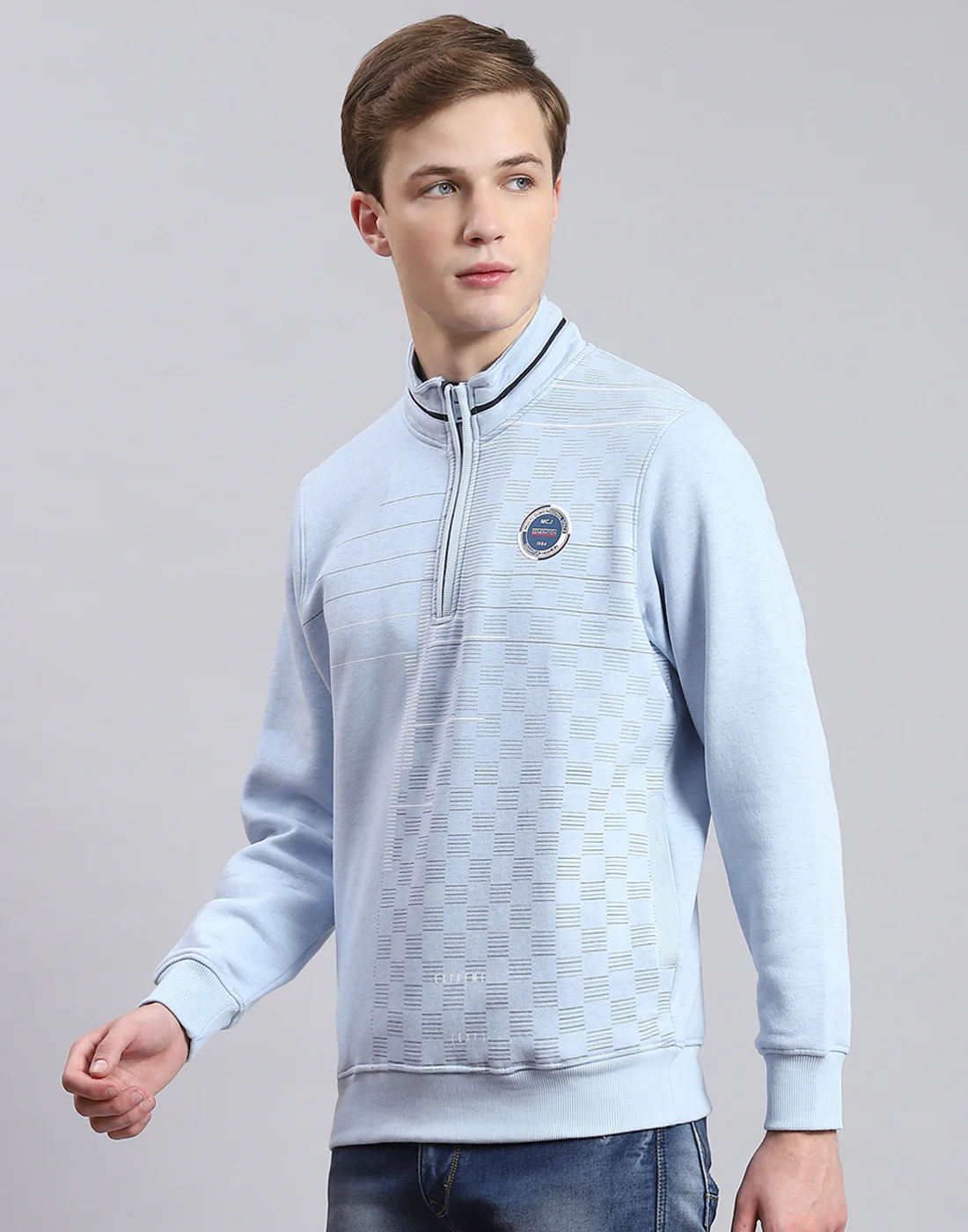 Men Blue Printed H Neck Full Sleeve Sweatshirt - Image 3