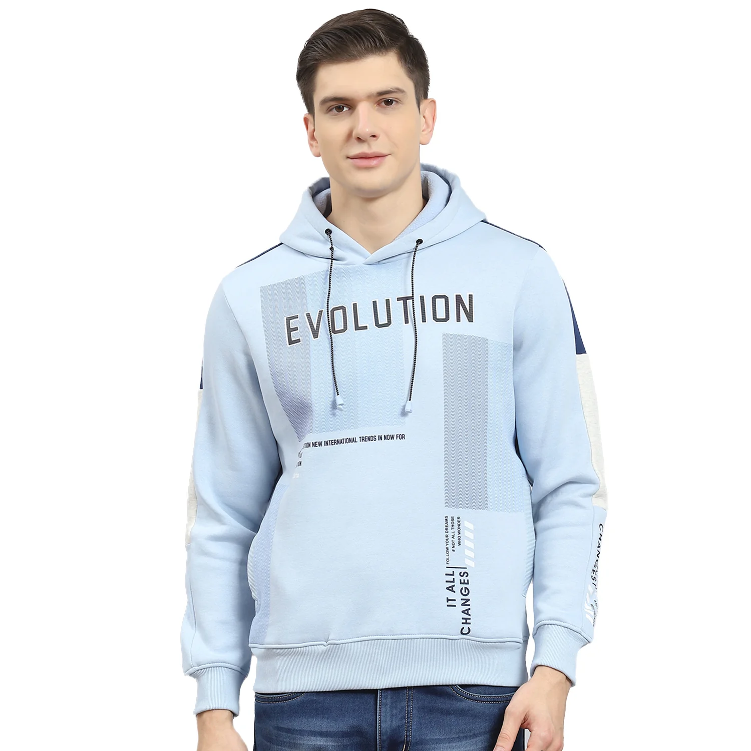 Men Blue Printed Hooded Full Sleeve Sweatshirt - Image 5
