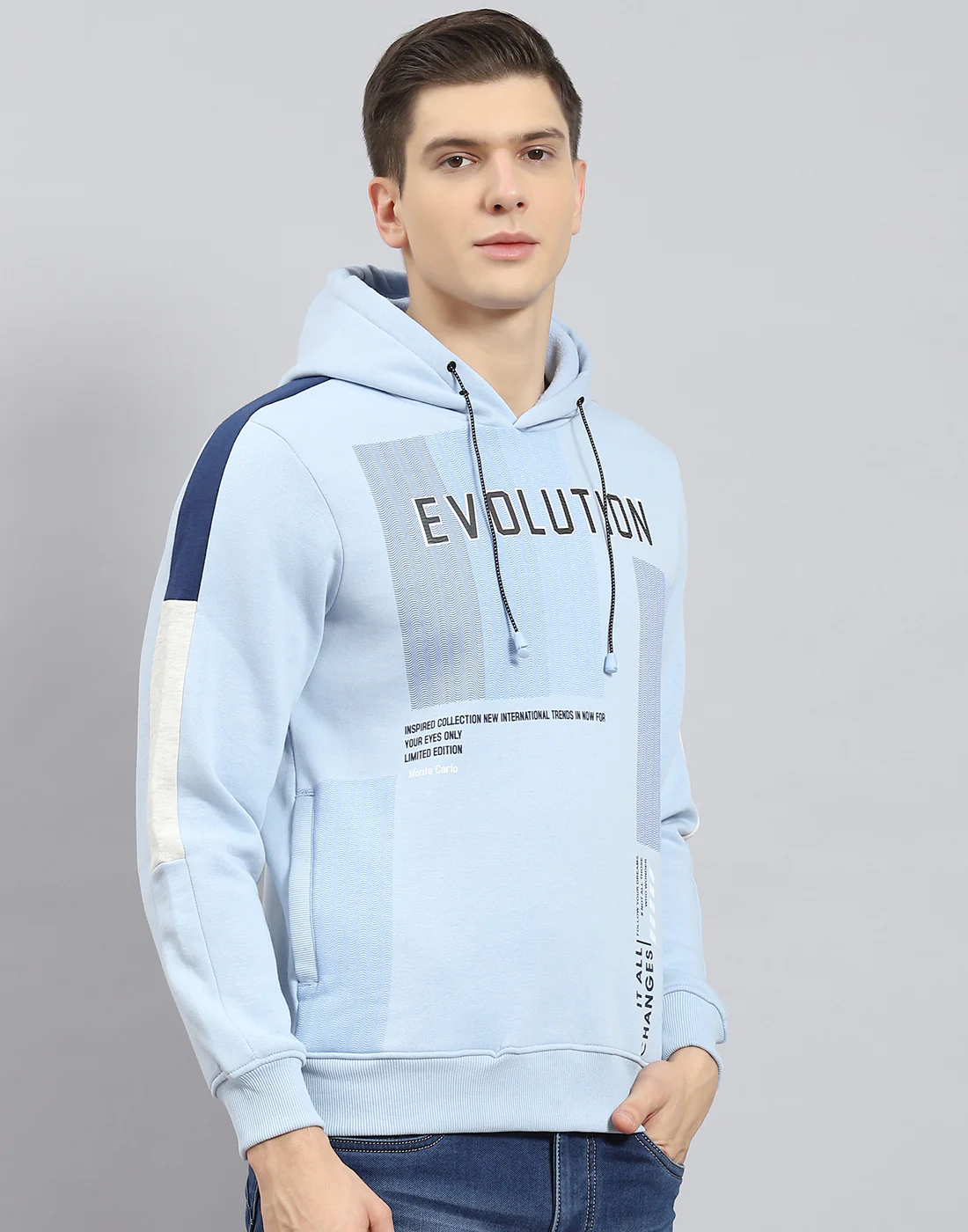 Men Blue Printed Hooded Full Sleeve Sweatshirt - Image 6