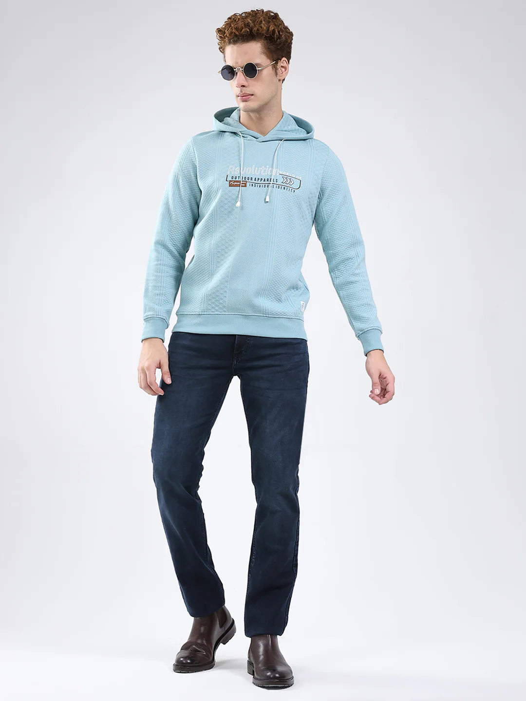 Men Blue Printed Hooded Full Sleeve Sweatshirt - Image 2