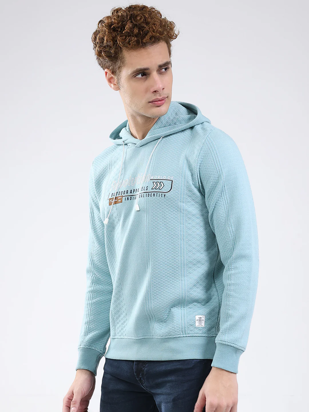 Men Blue Printed Hooded Full Sleeve Sweatshirt - Image 3