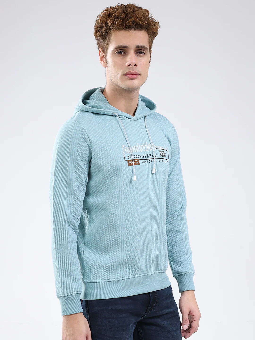 Men Blue Printed Hooded Full Sleeve Sweatshirt - Image 4