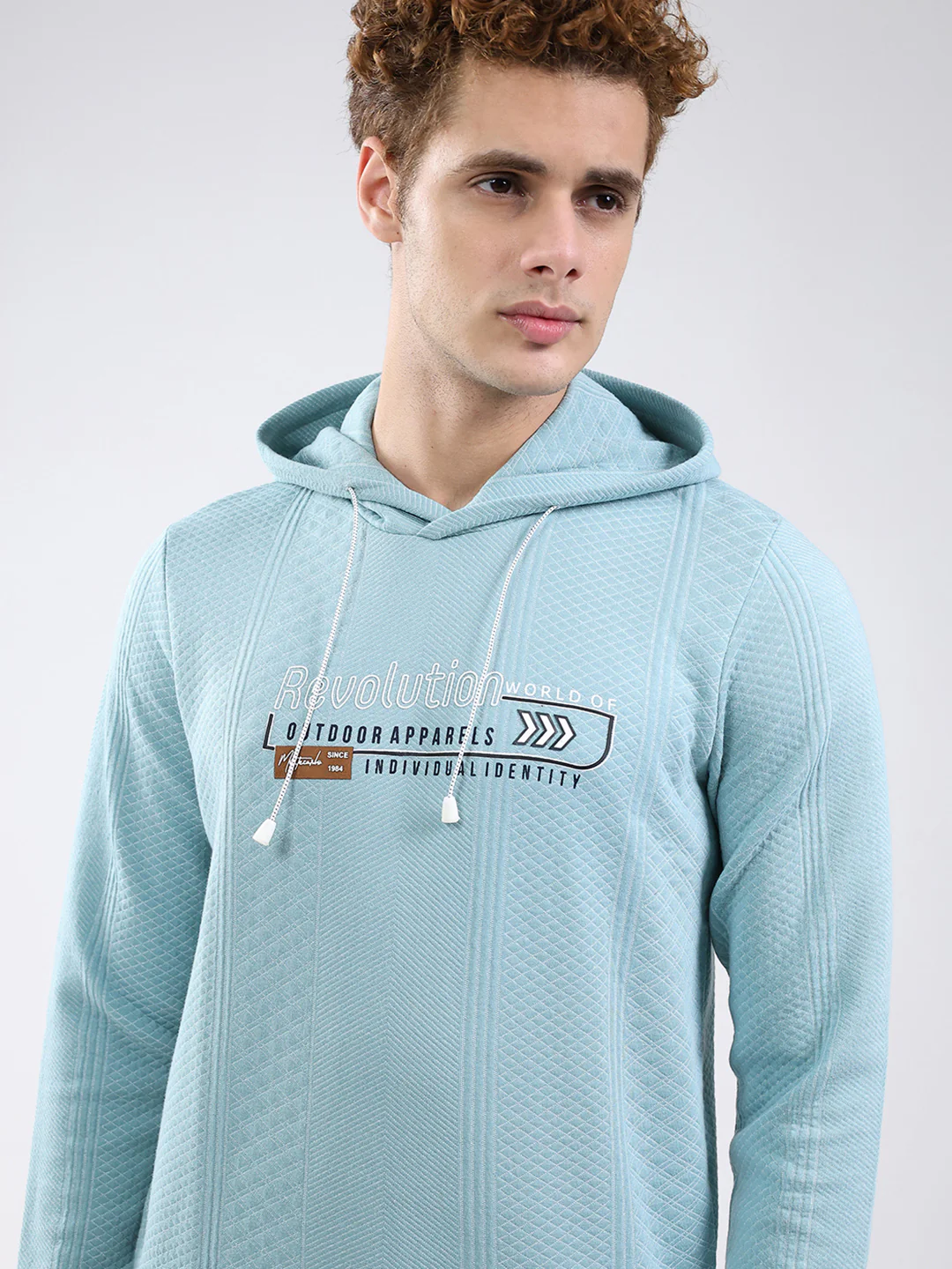 Men Blue Printed Hooded Full Sleeve Sweatshirt - Image 6