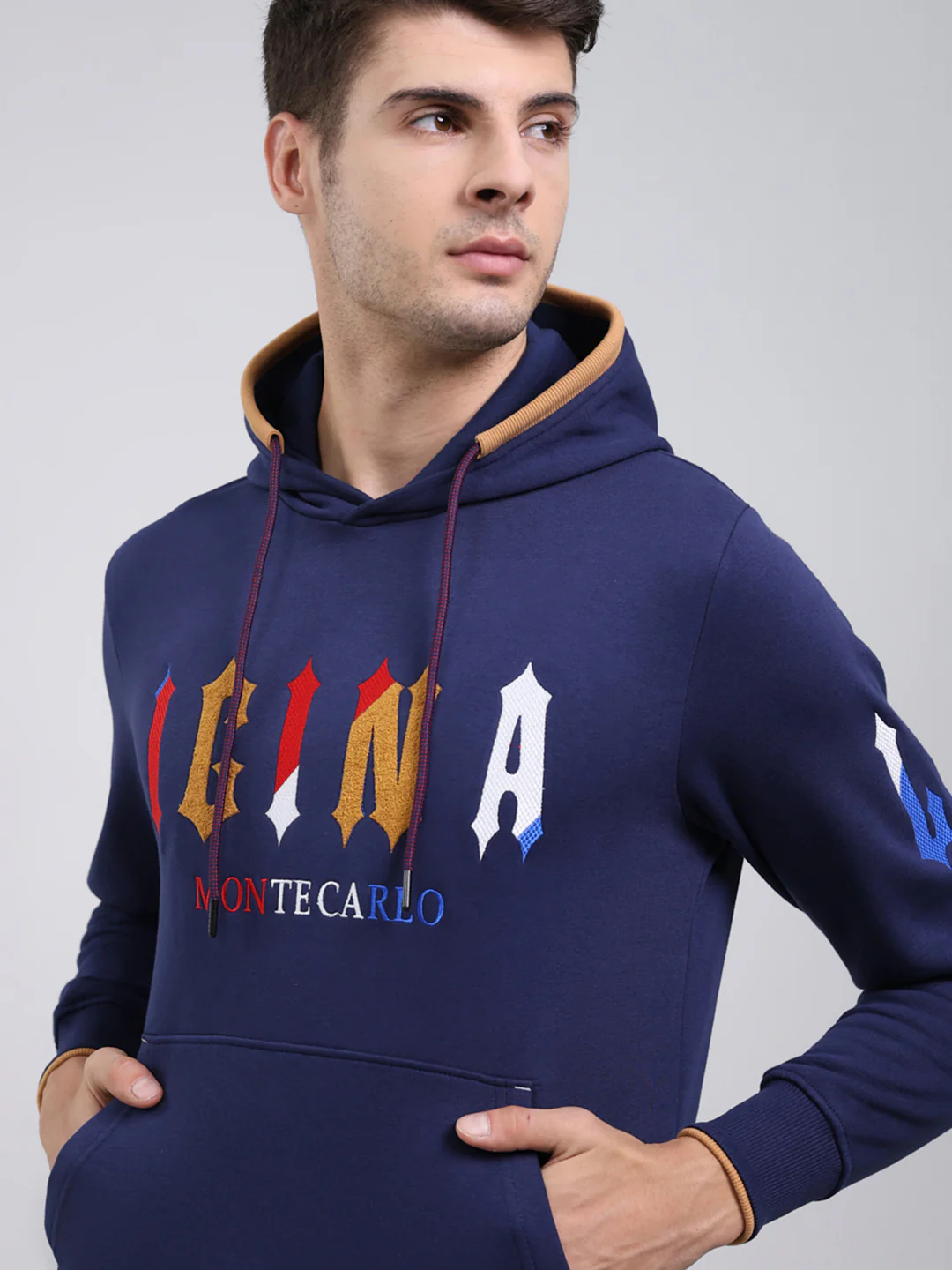 Men Blue Printed Hooded Full Sleeve Sweatshirt - Image 7