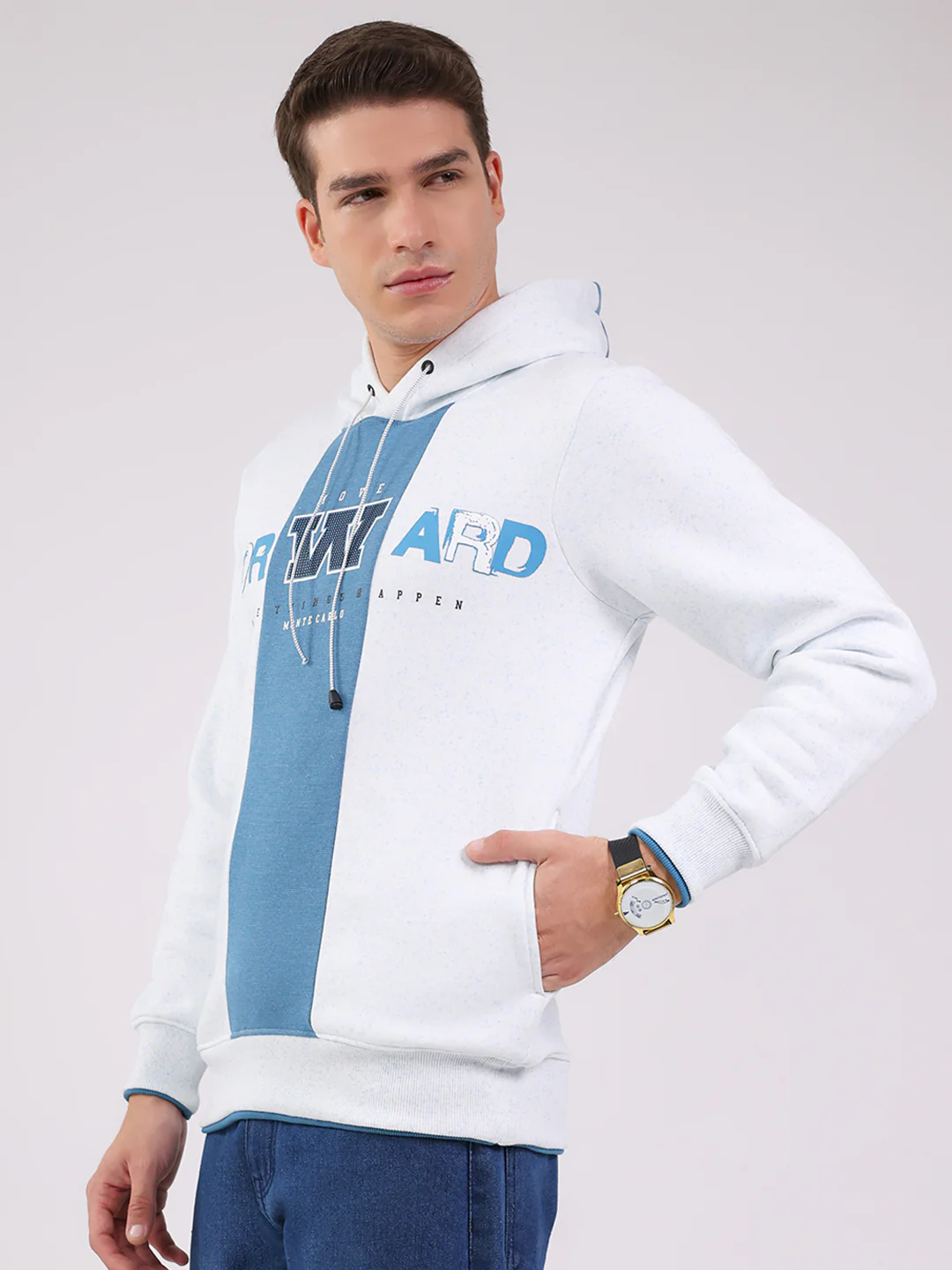 Men Blue Printed Hooded Full Sleeve Sweatshirt - Image 3