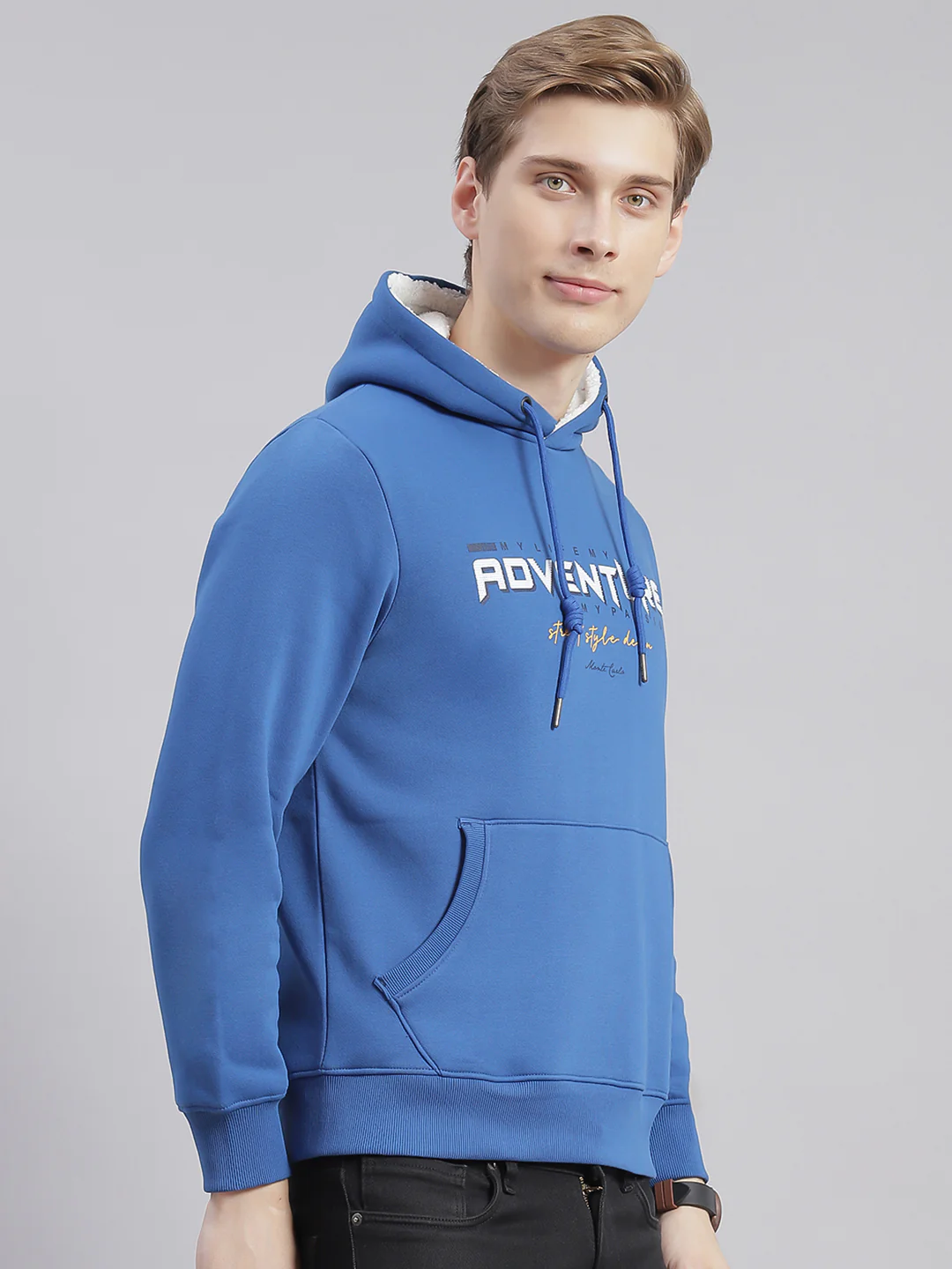 Men Blue Printed Hooded Full Sleeve Sweatshirts - Image 5