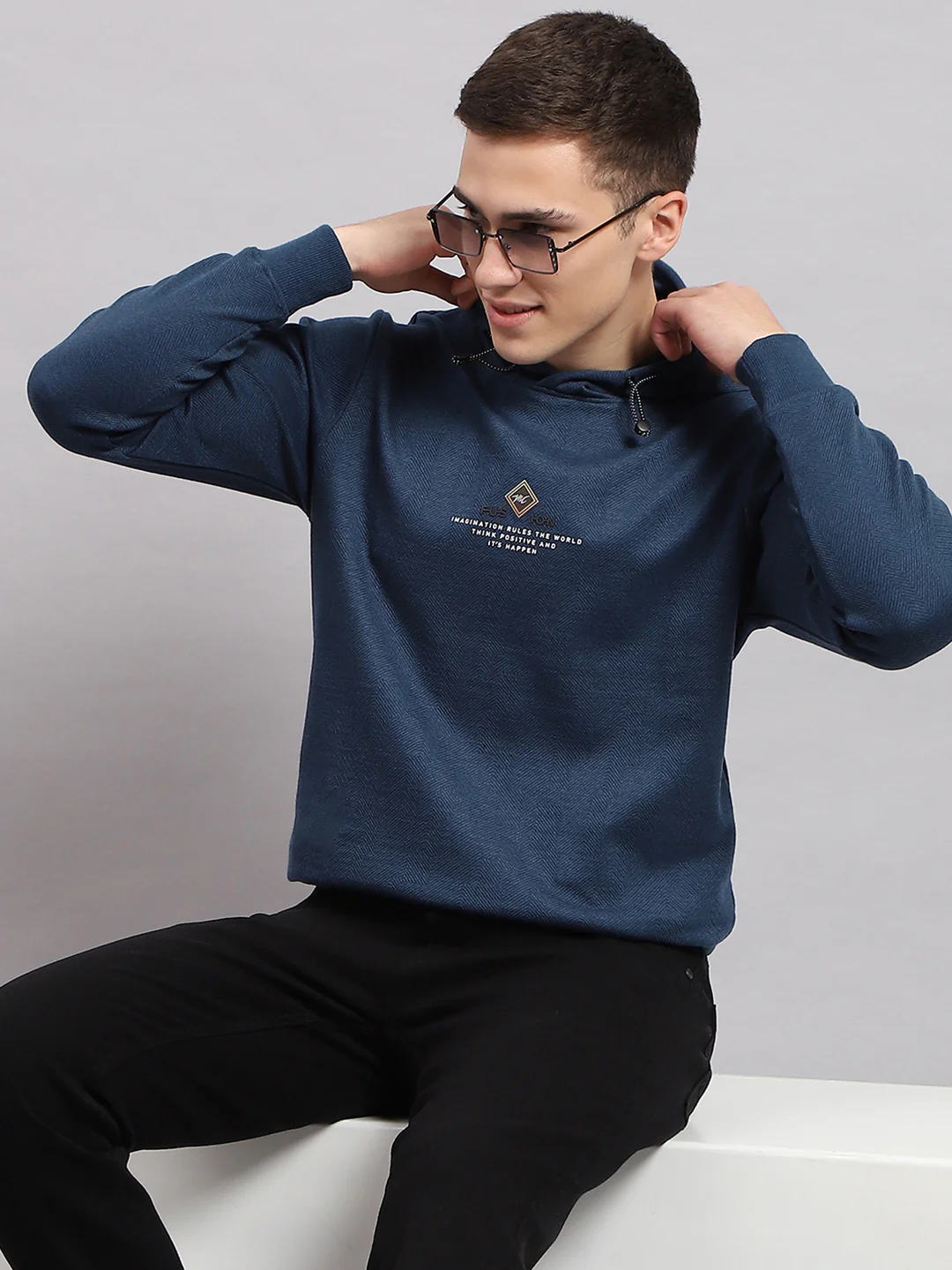 Men Blue Printed Hooded Full Sleeve T-Shirt - Image 6
