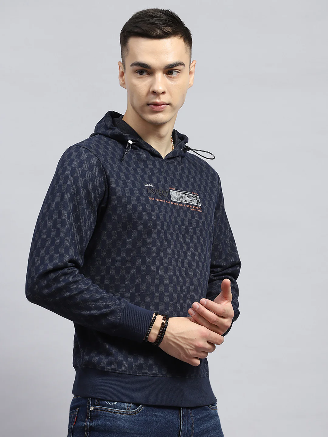 Men Blue Printed Hooded Full Sleeve Winter T-Shirt - Image 4