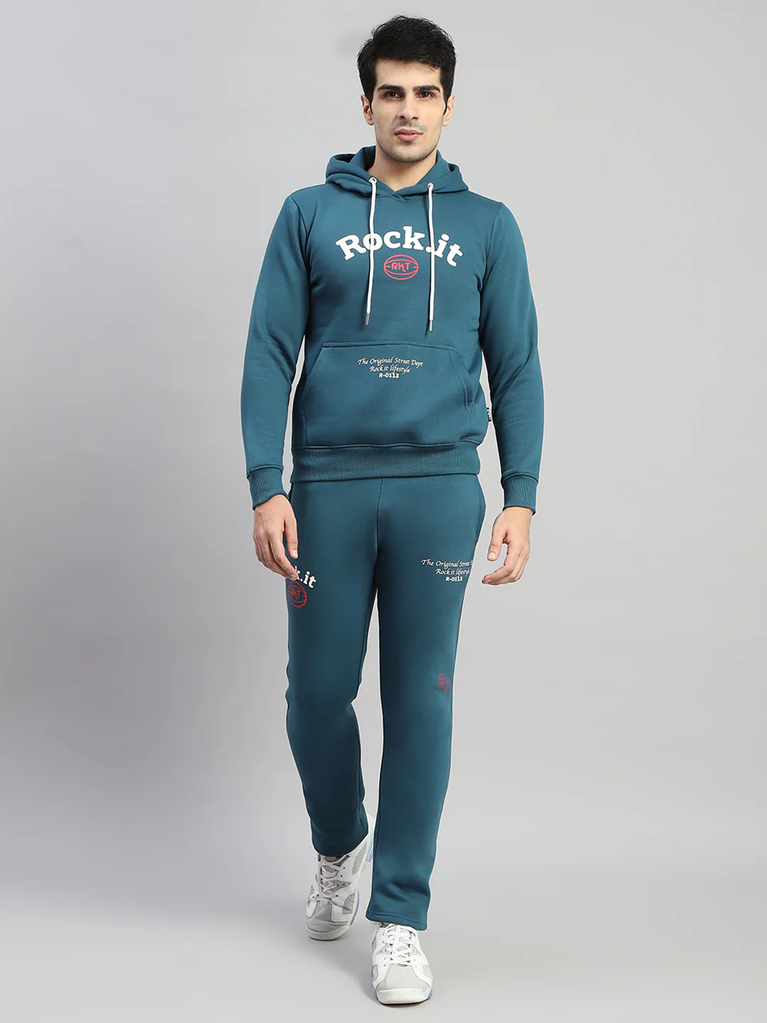 Rock.it Men Blue Printed Hooded Full Sleeve Winter Tracksuit - Image 2