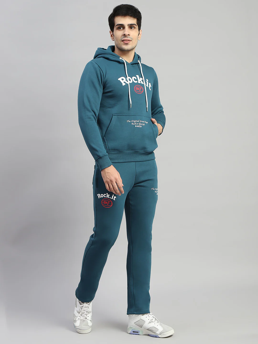 Rock.it Men Blue Printed Hooded Full Sleeve Winter Tracksuit - Image 4